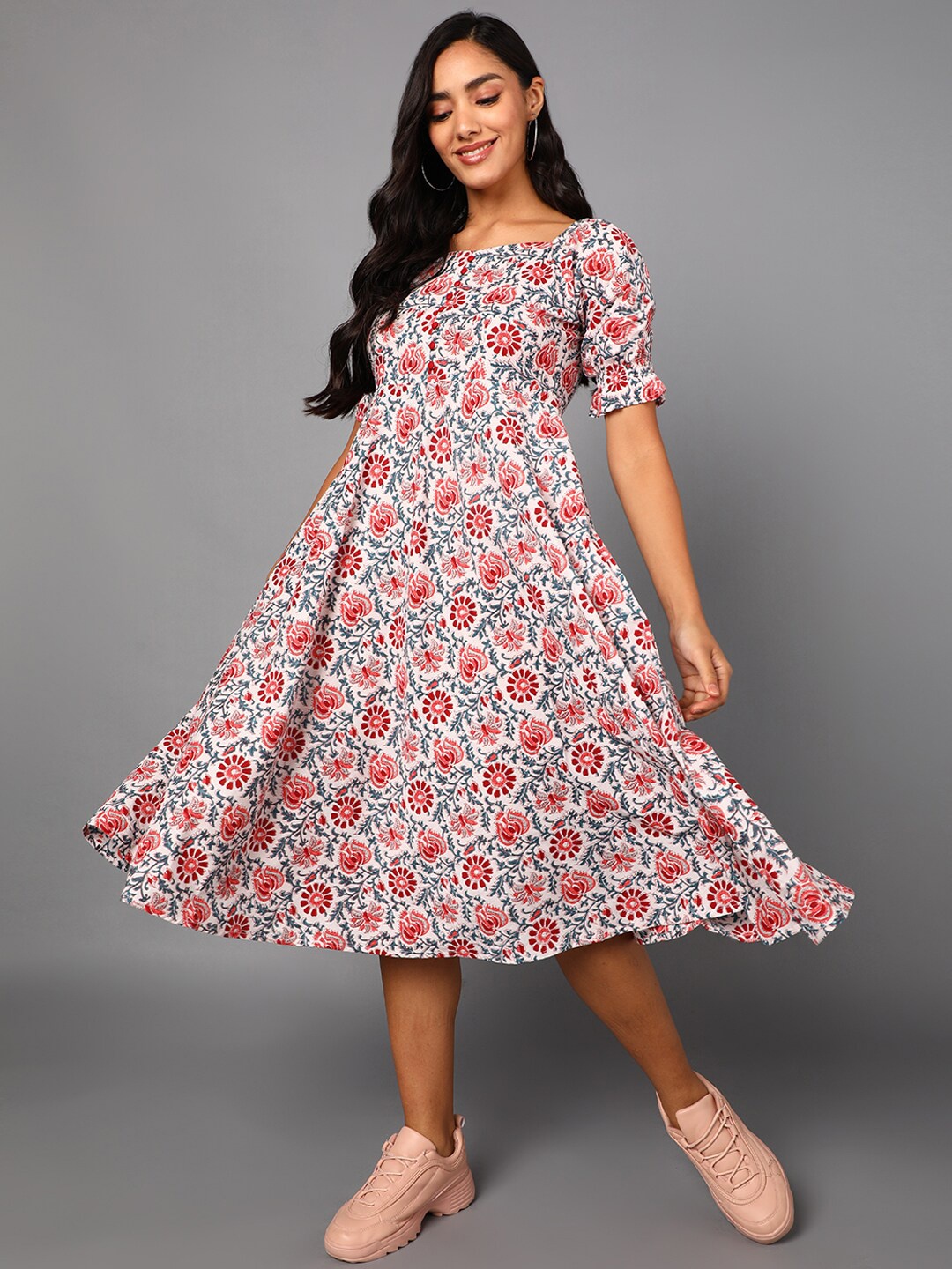 

AHIKA White & Red Floral A-Line Midi Dress