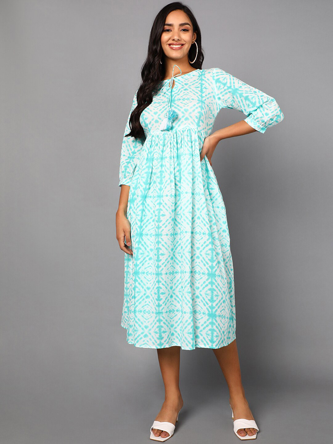 

AHIKA Women Off White Ethnic Motifs Tie-Up Neck Ethnic Midi Dress