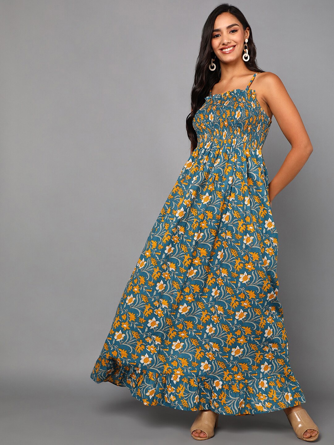 

AHIKA Women Teal & Yellow Floral Maxi Dress