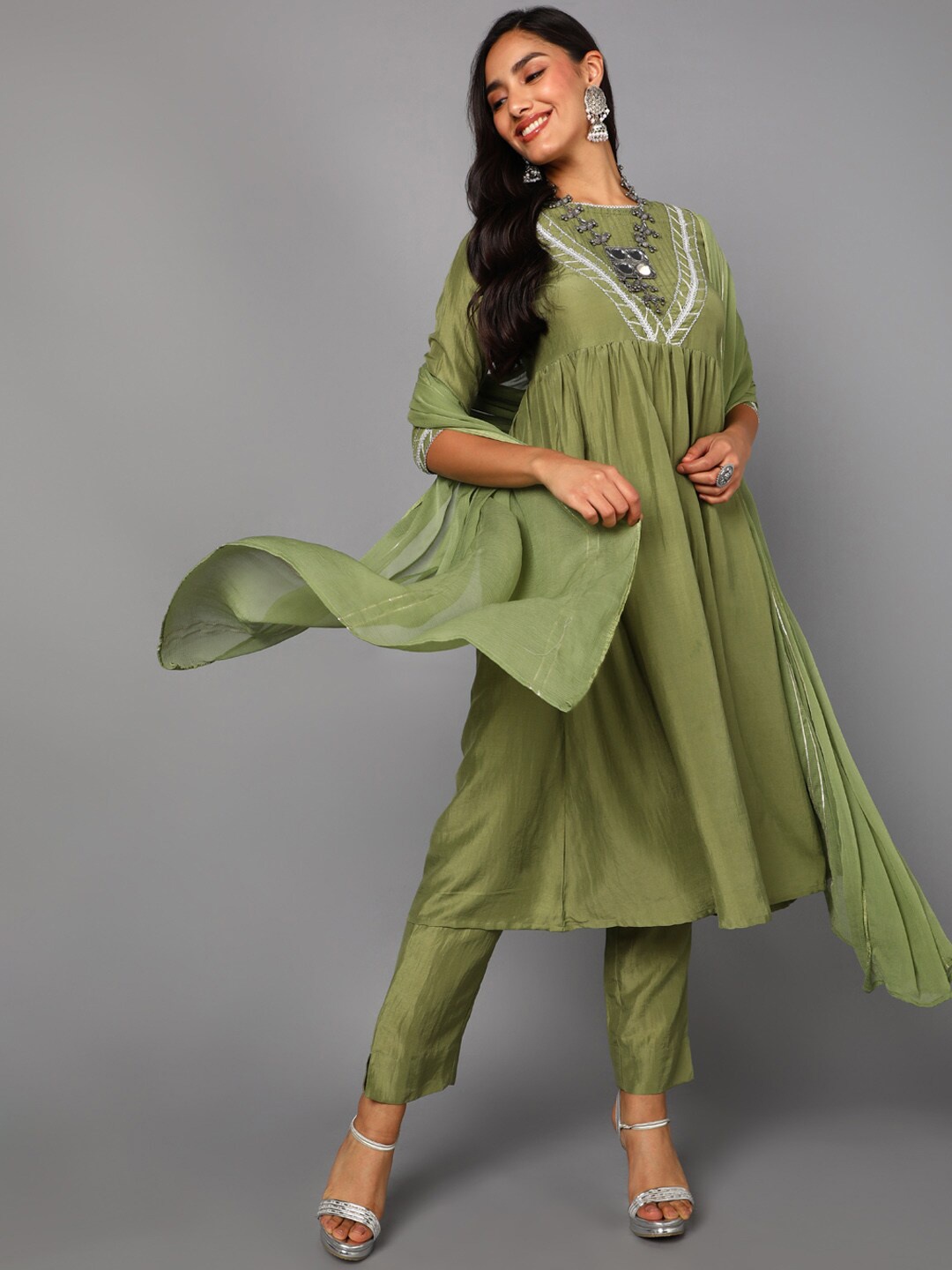 

AHIKA Women Green Solid Pleated Kurta with Trousers & Dupatta