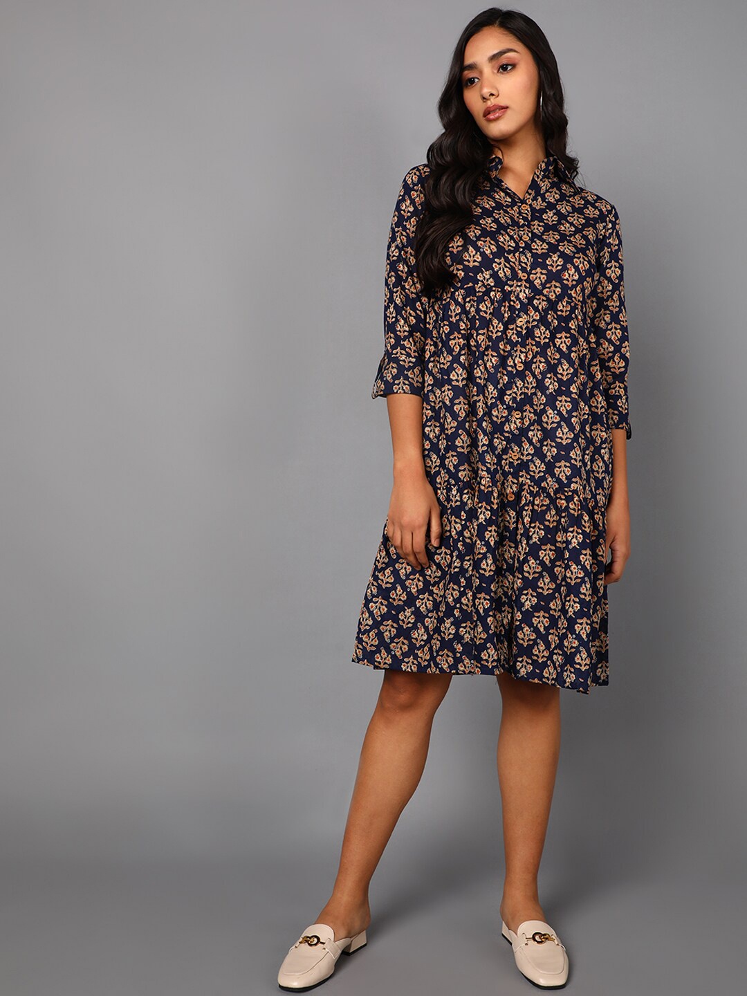 

AHIKA Women Navy Blue Printed Shirt Dress
