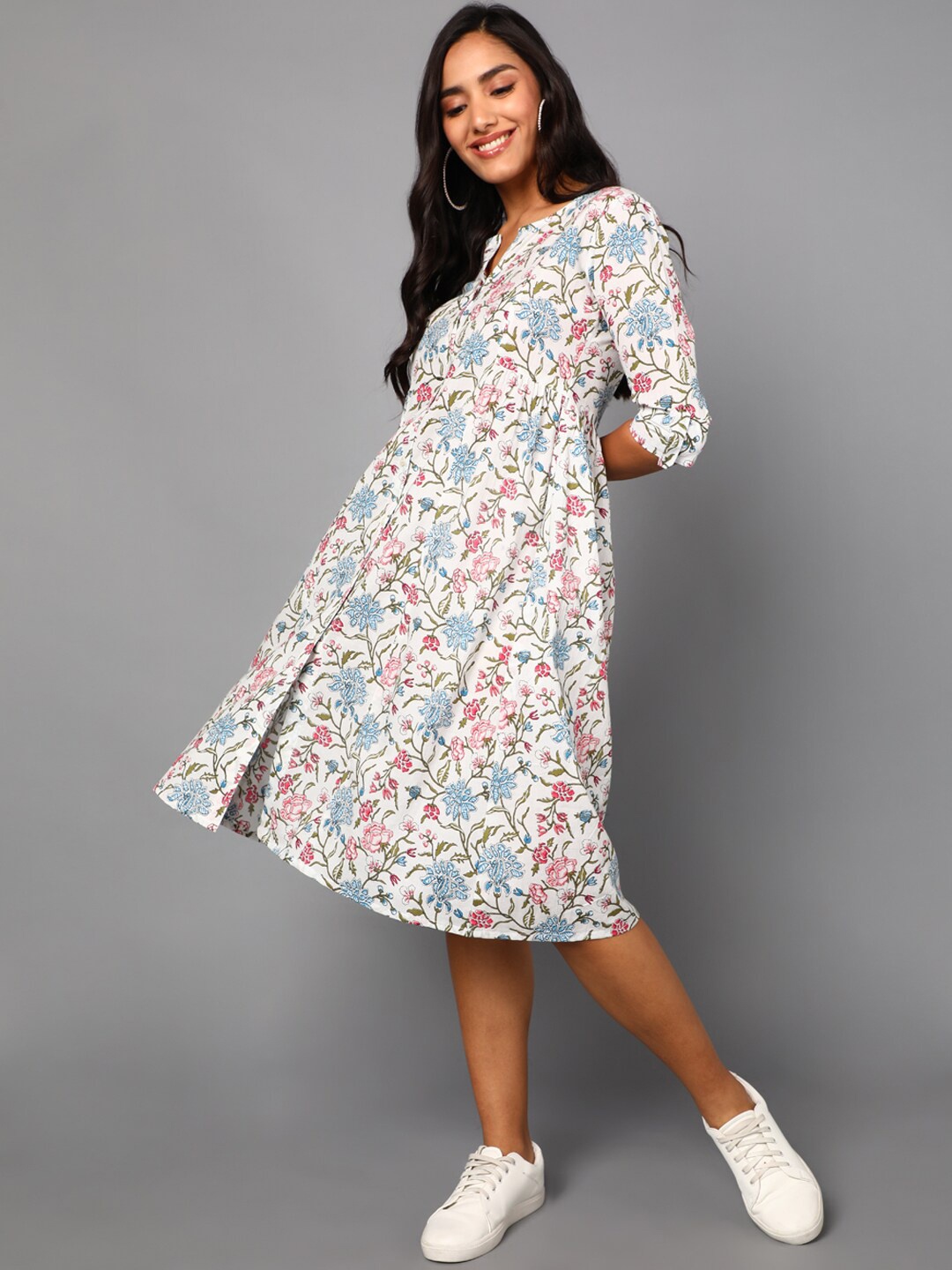 

AHIKA Teal & delicacy Floral A-Line Dress