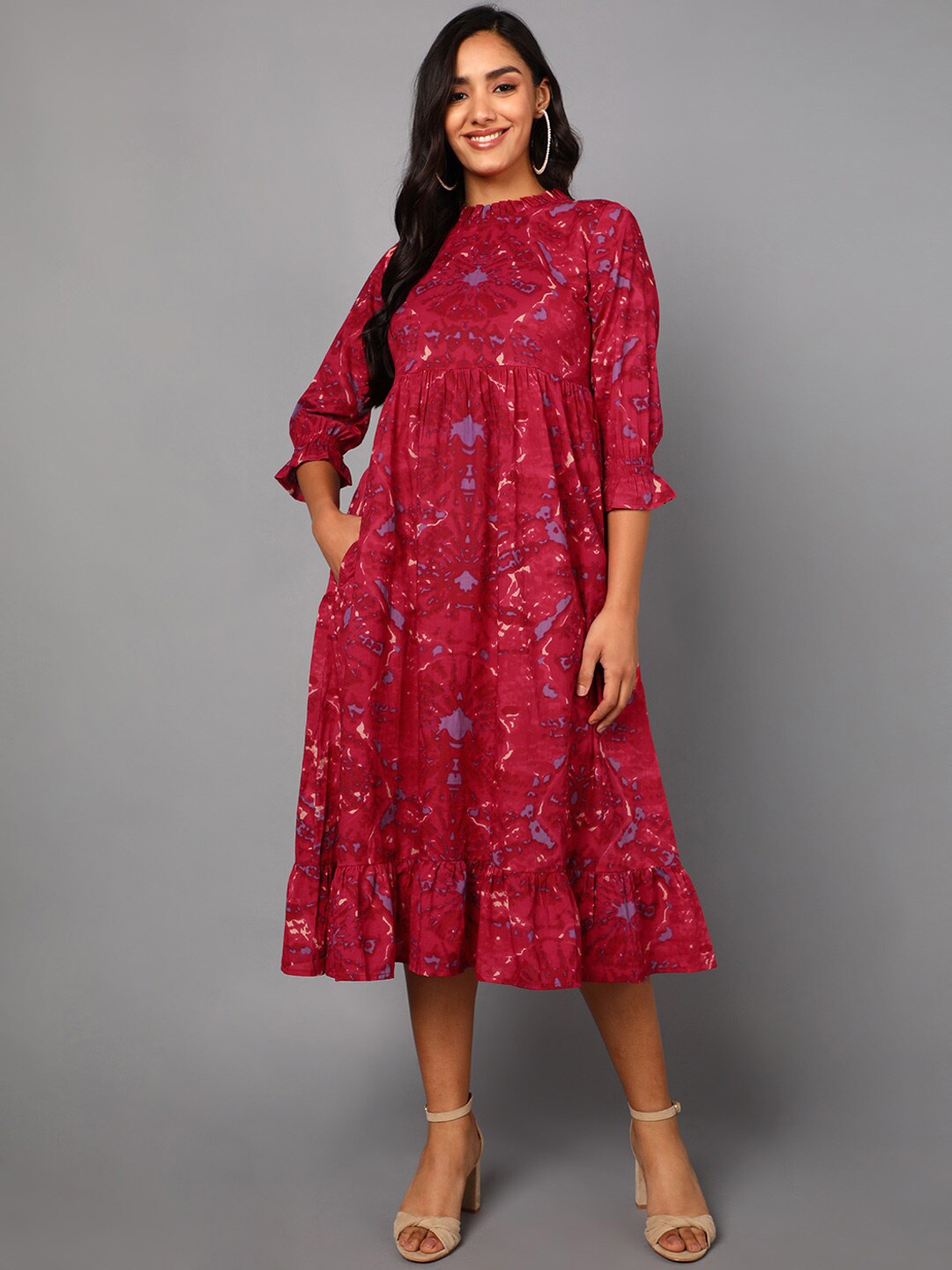 

AHIKA Maroon Floral A-Line Midi Dress