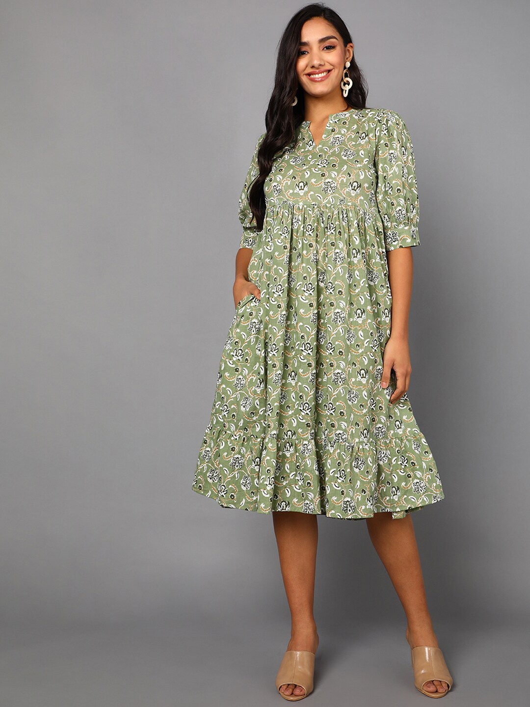 

AHIKA Women Green & White Floral Print Cotton Midi Dress