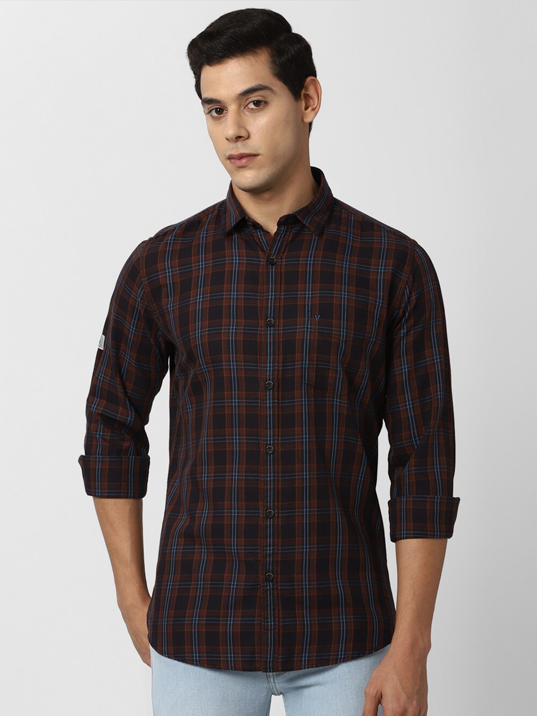 

VAN HEUSEN DENIM LABS Men Brown Slim Fit Tartan Checks Checked Casual Shirt