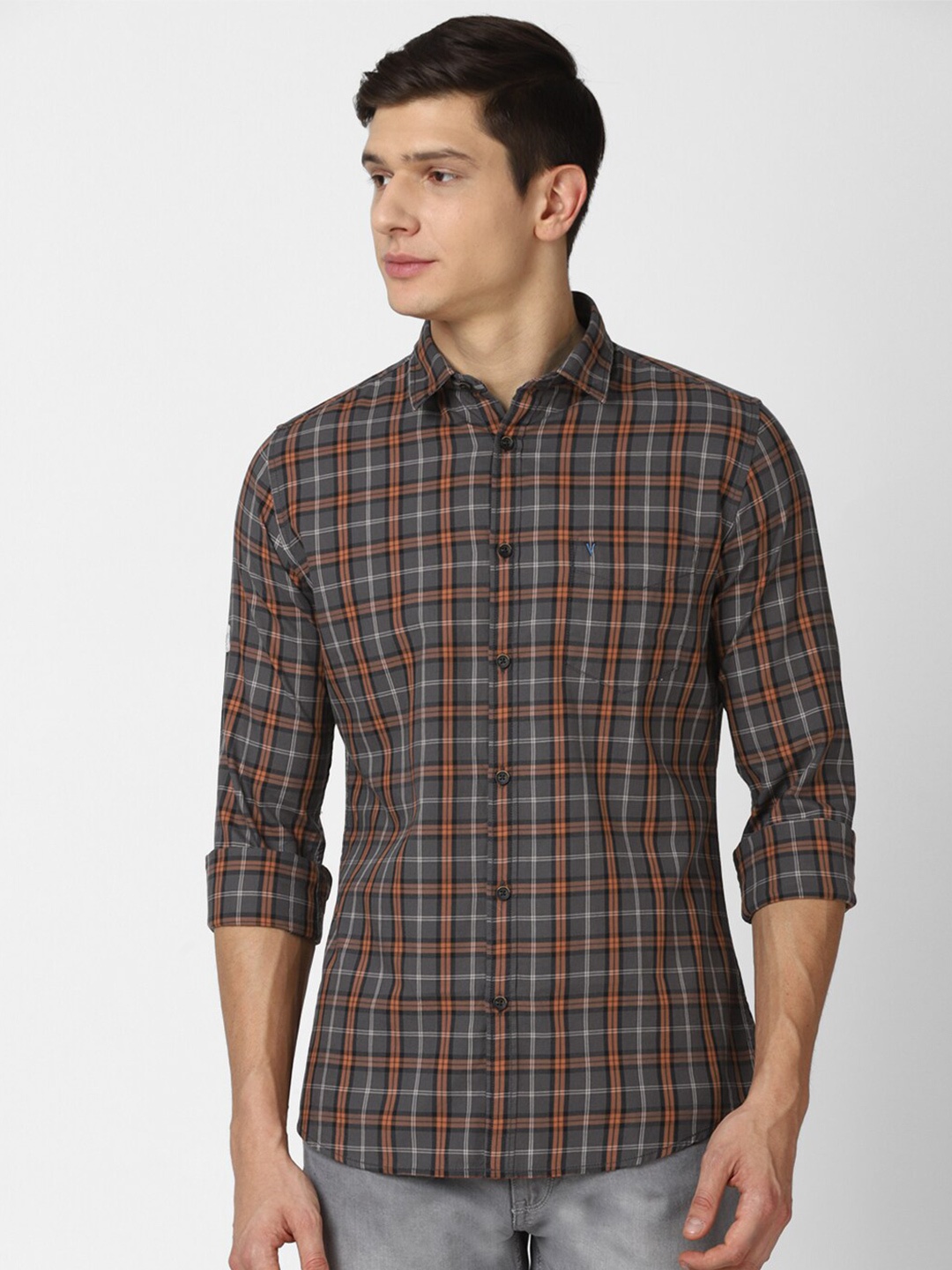 

VAN HEUSEN DENIM LABS Men Grey Slim Fit Tartan Checks Checked Casual Shirt
