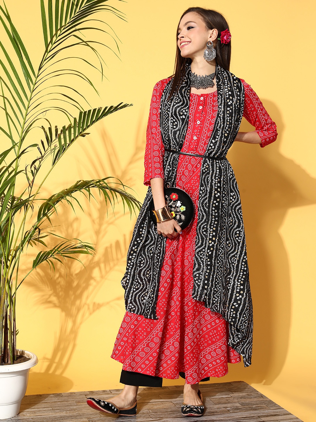 

InWeave Women Red Viscose Rayon Swirling Volume Kurta