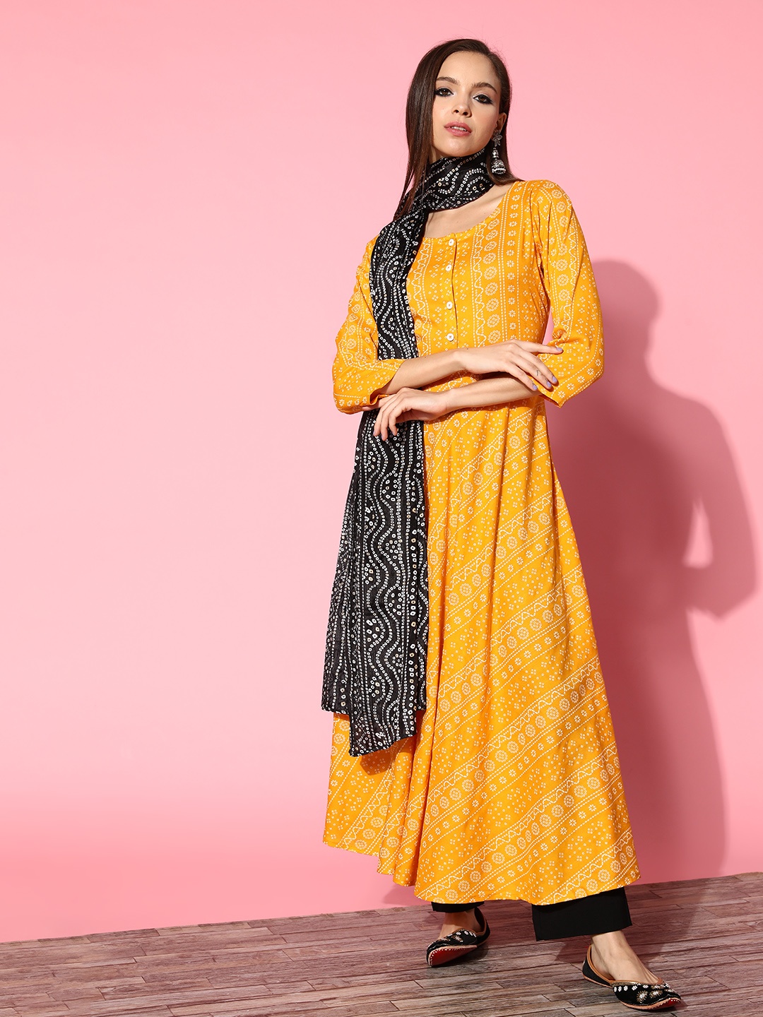 

InWeave Women Mustard Yellow Printed Parade Kurta with Dupatta