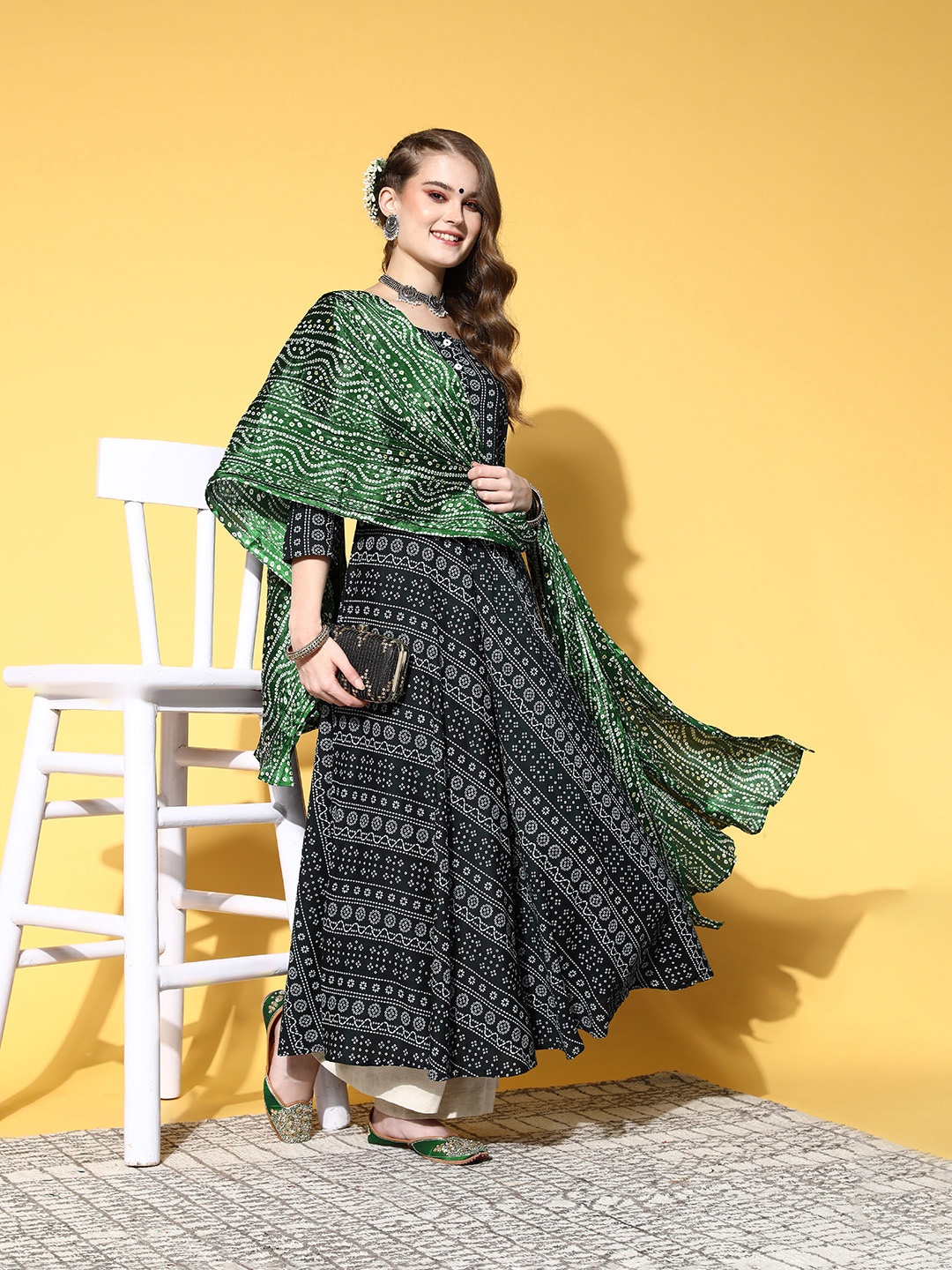 

InWeave Women Black Printed Parade Kurta with Dupatta