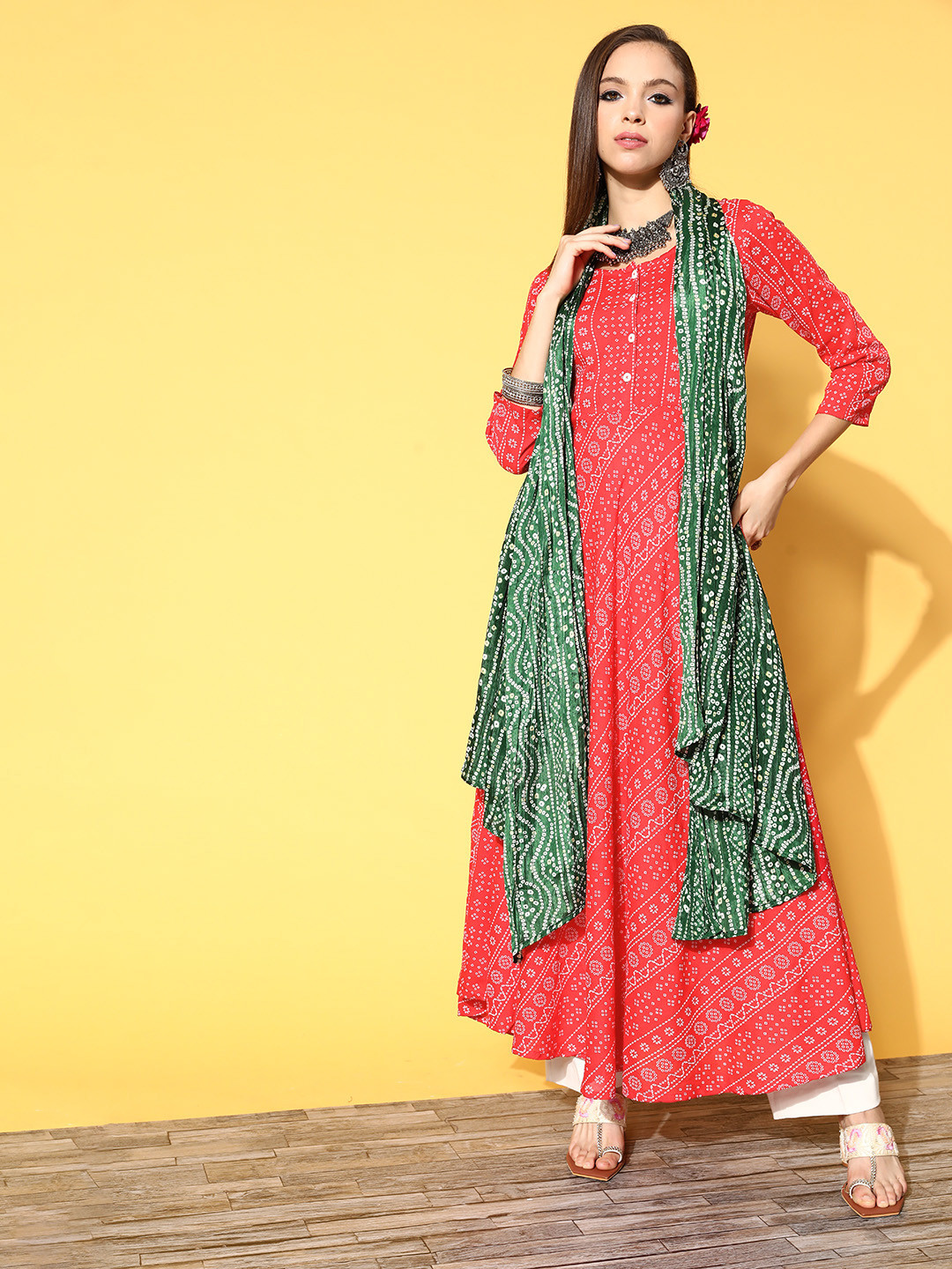 

InWeave Women Red Printed Parade Kurta with Dupatta