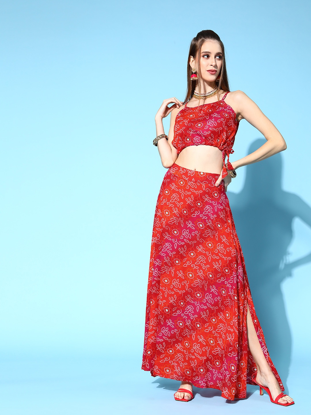 

InWeave Women Deep Red Printed Top with Skirt