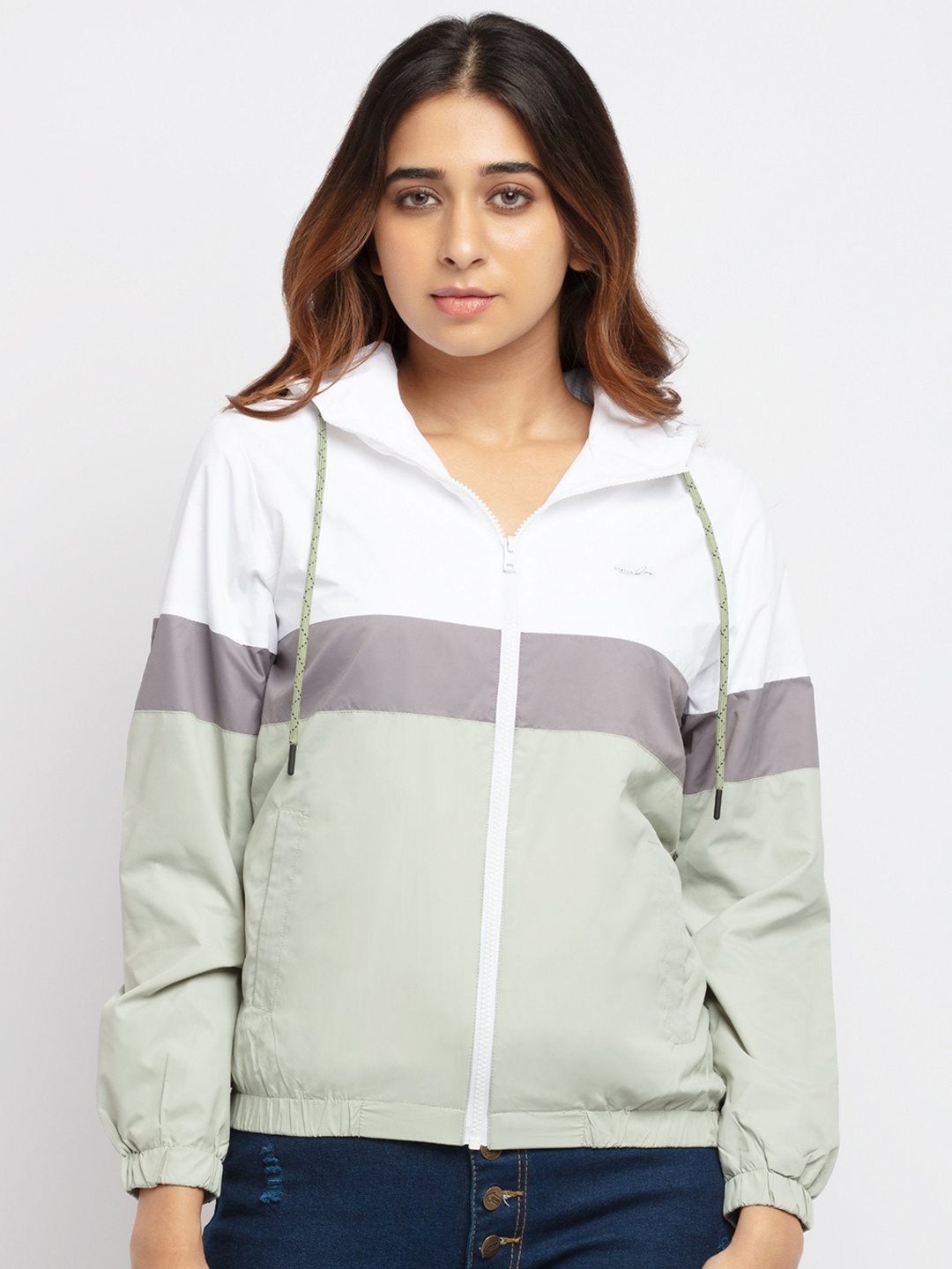 

Status Quo Women White phantom green Colourblocked Crop Bomber Jacket