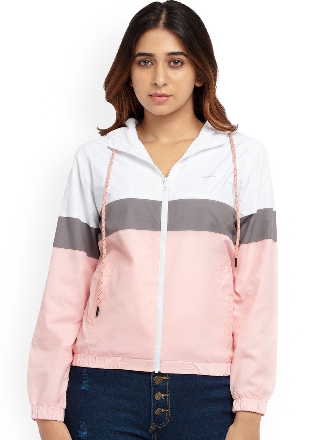 

Status Quo Women White Colourblocked Bomber with Patchwork Jacket