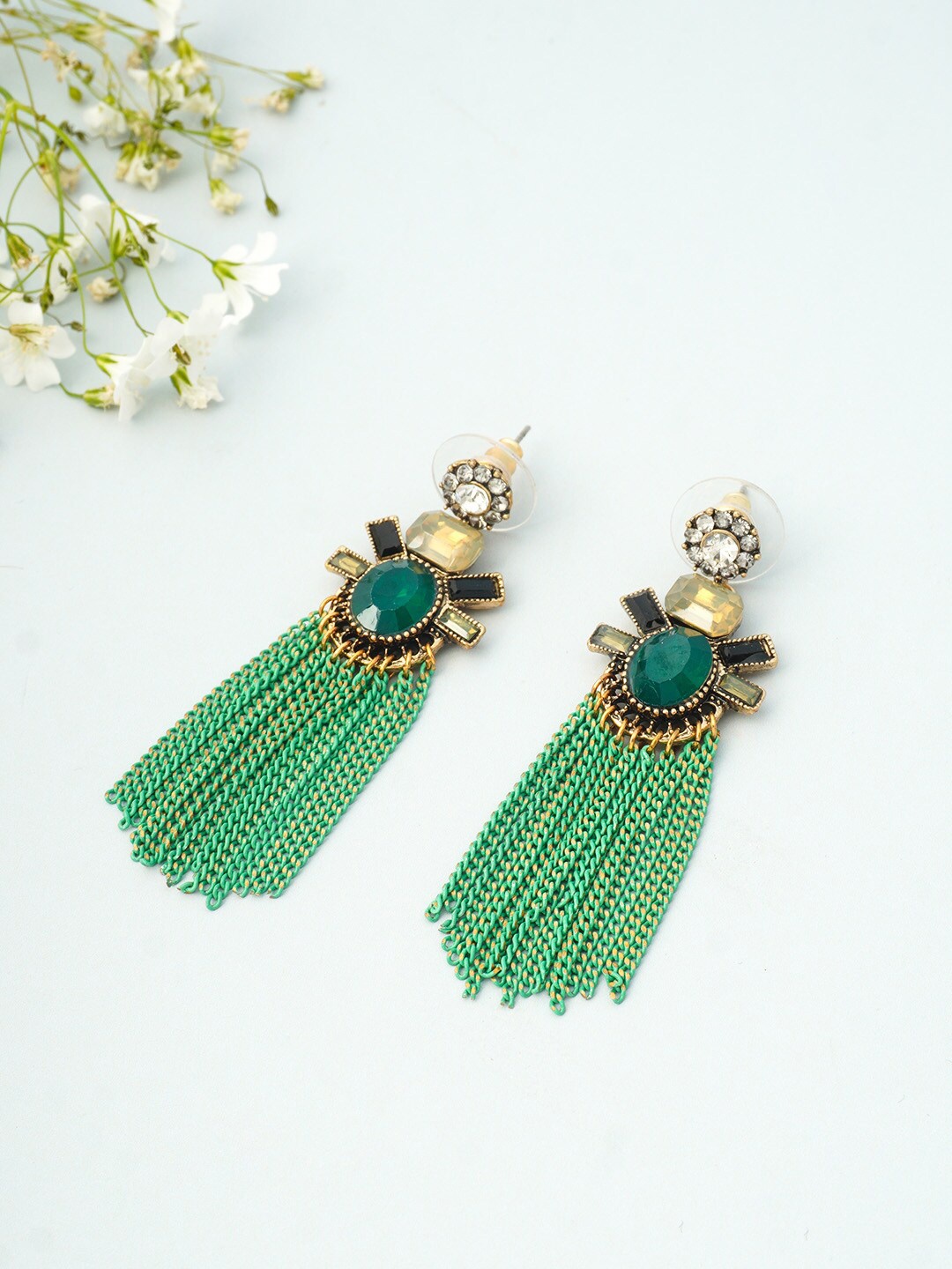

Ferosh Women Gold-Toned & Green Teardrop Shaped Tassel Drop Earrings