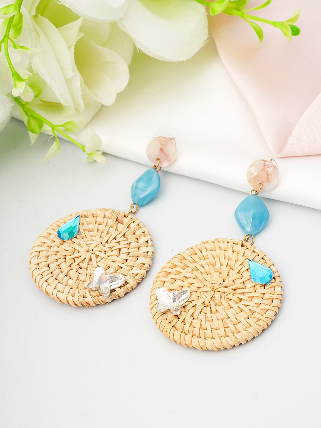 

Ferosh Women Blue & Cream Alloy Circular Drop Earrings