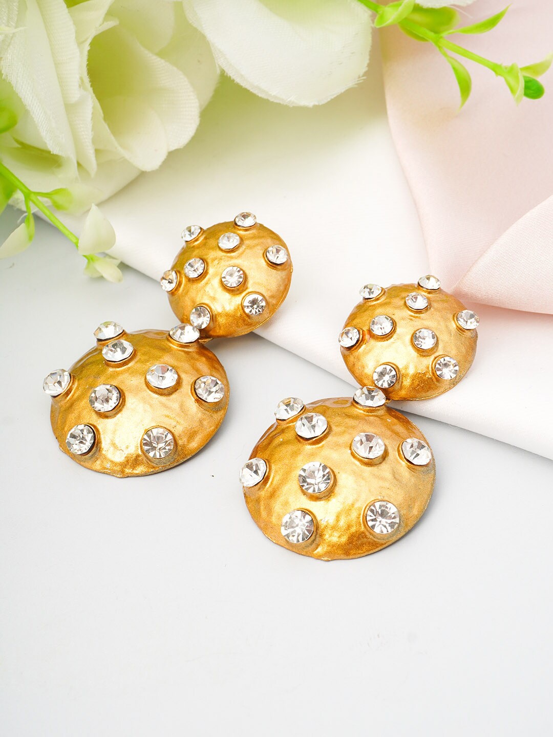 

Ferosh Gold-Toned Crystal Studded Circular Drop Earrings