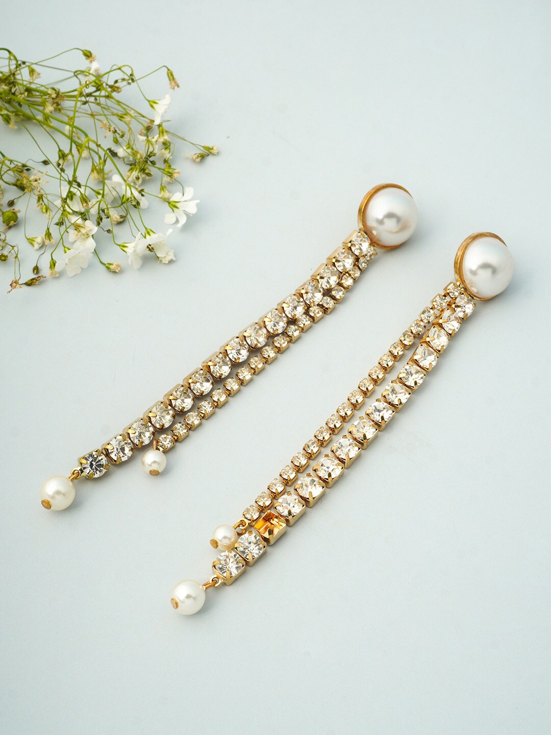 

Ferosh Gold-Toned & White Pearl Crystal Chain Earrings