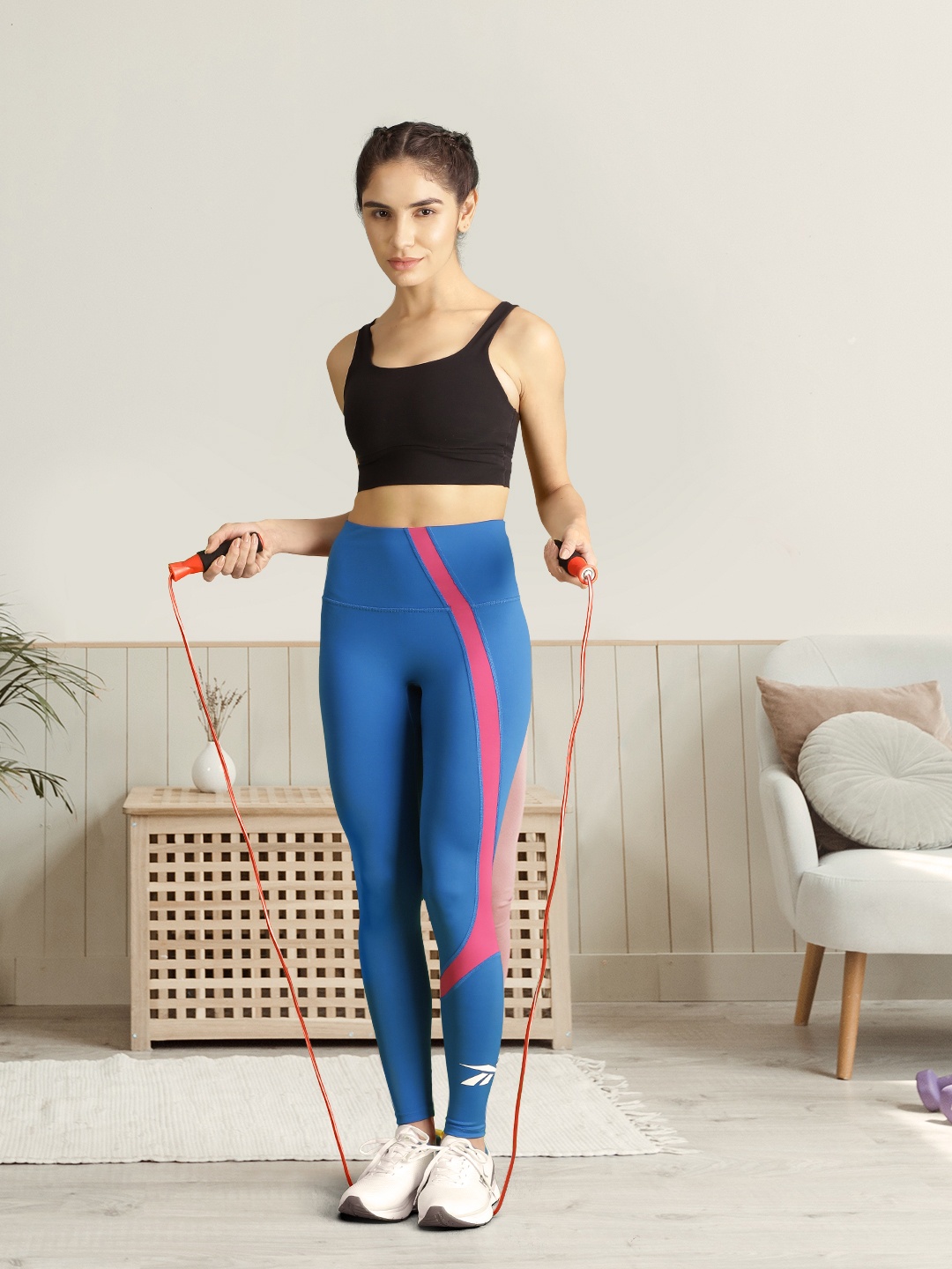 

Reebok Women Blue Striped Workout Ready Vector Tights
