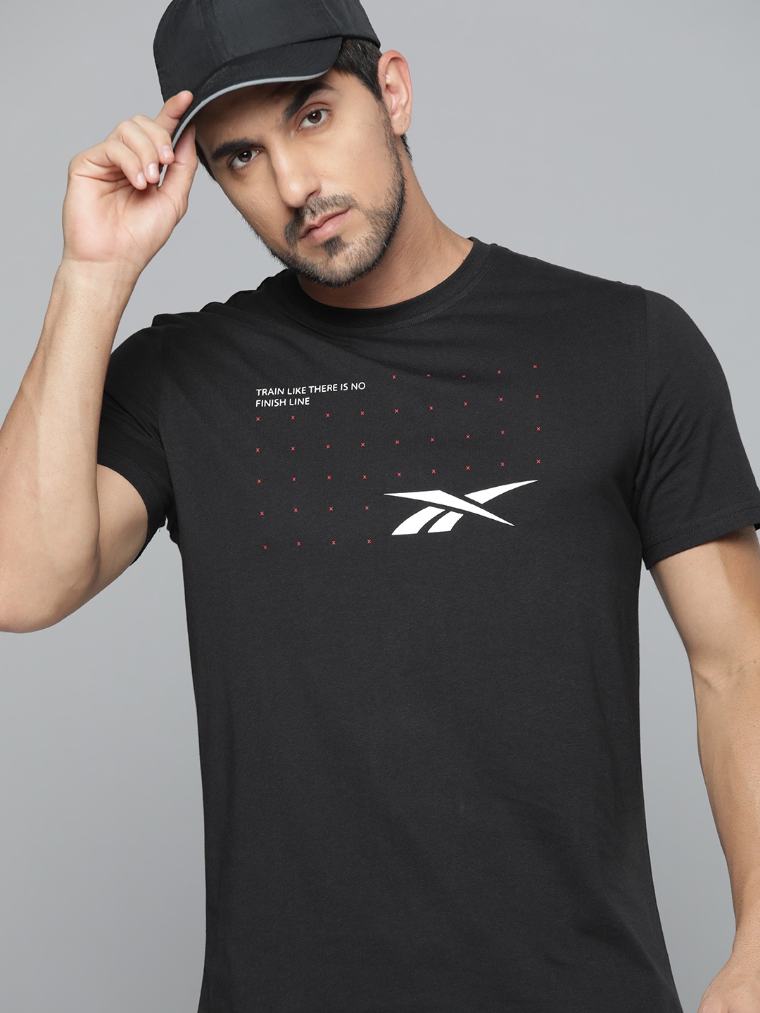

Reebok Men Black Prime GR Brand Logo Printed Slim Fit Pure Cotton T-shirt