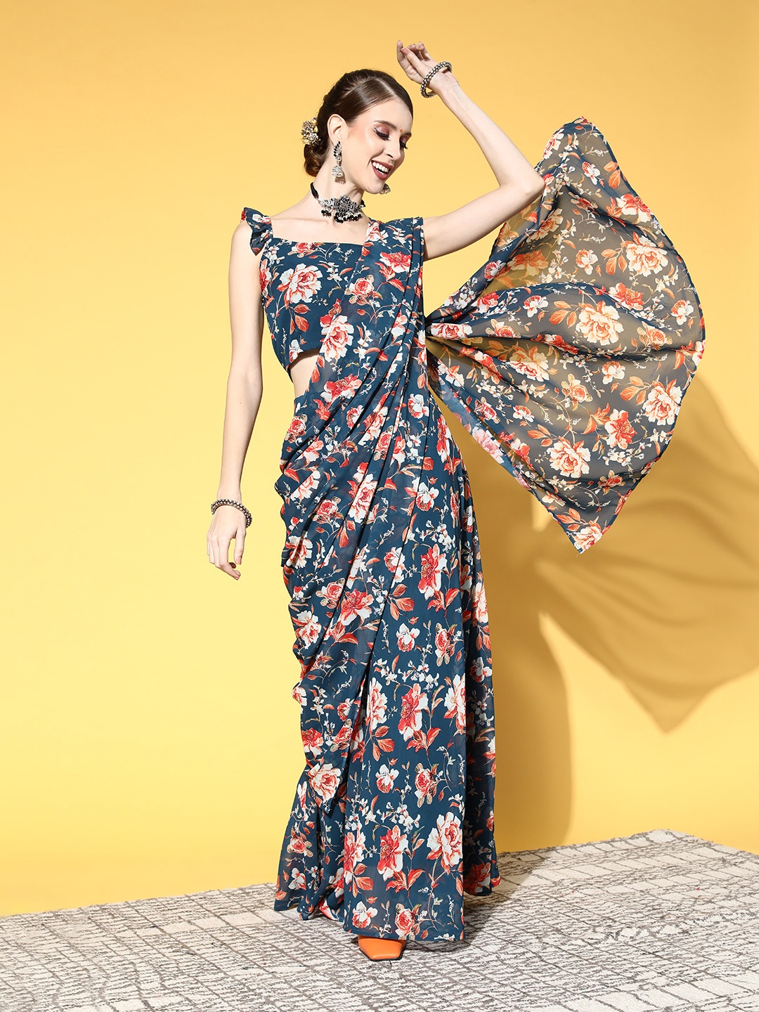 

InWeave Navy Blue Printed Ready to Wear Lehenga Choli with Dupatta
