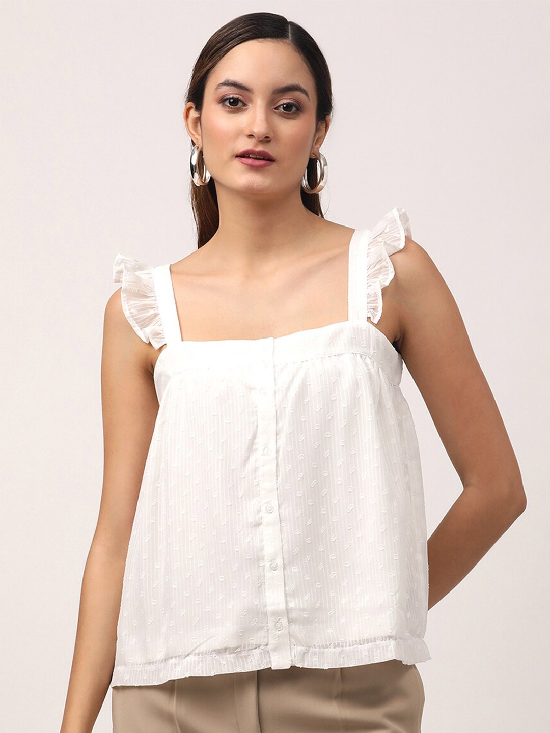 

CENTRESTAGE Women Off White Self Design Ruffles Top