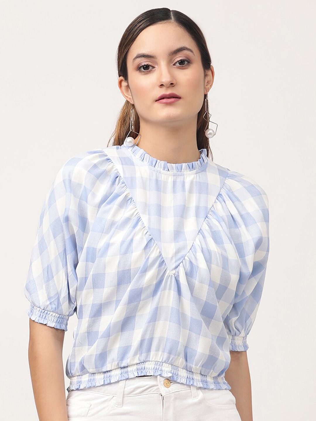

CENTRESTAGE Women White & Blue Polyester Checked Top