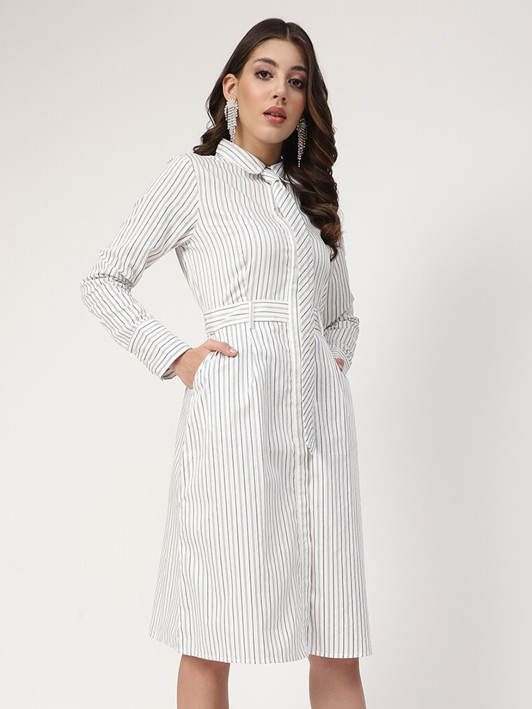 

CENTRESTAGE Women White Striped Polyester Shirt Dress