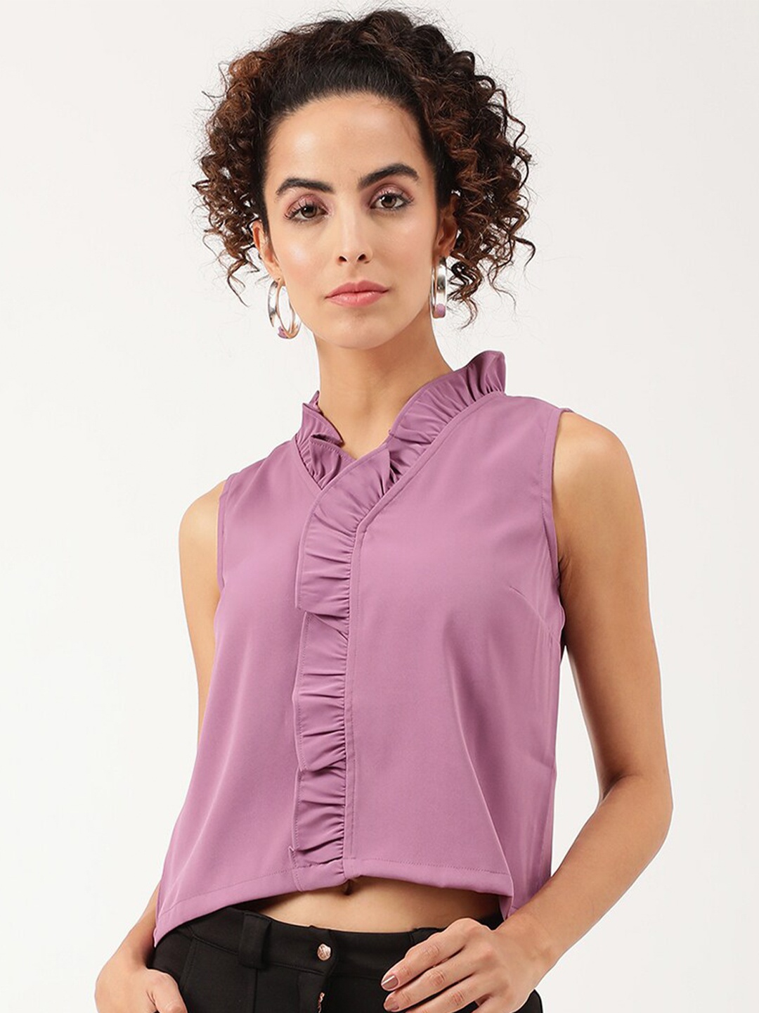 

CENTRESTAGE Purple Mandarin Collar Shirt Style Crop Top