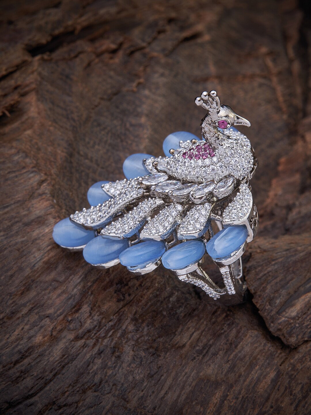 

Kushal's Fashion Jewellery Rhodium-Plated Blue & Pink CZ Studded Adjustable Finger Ring, Silver