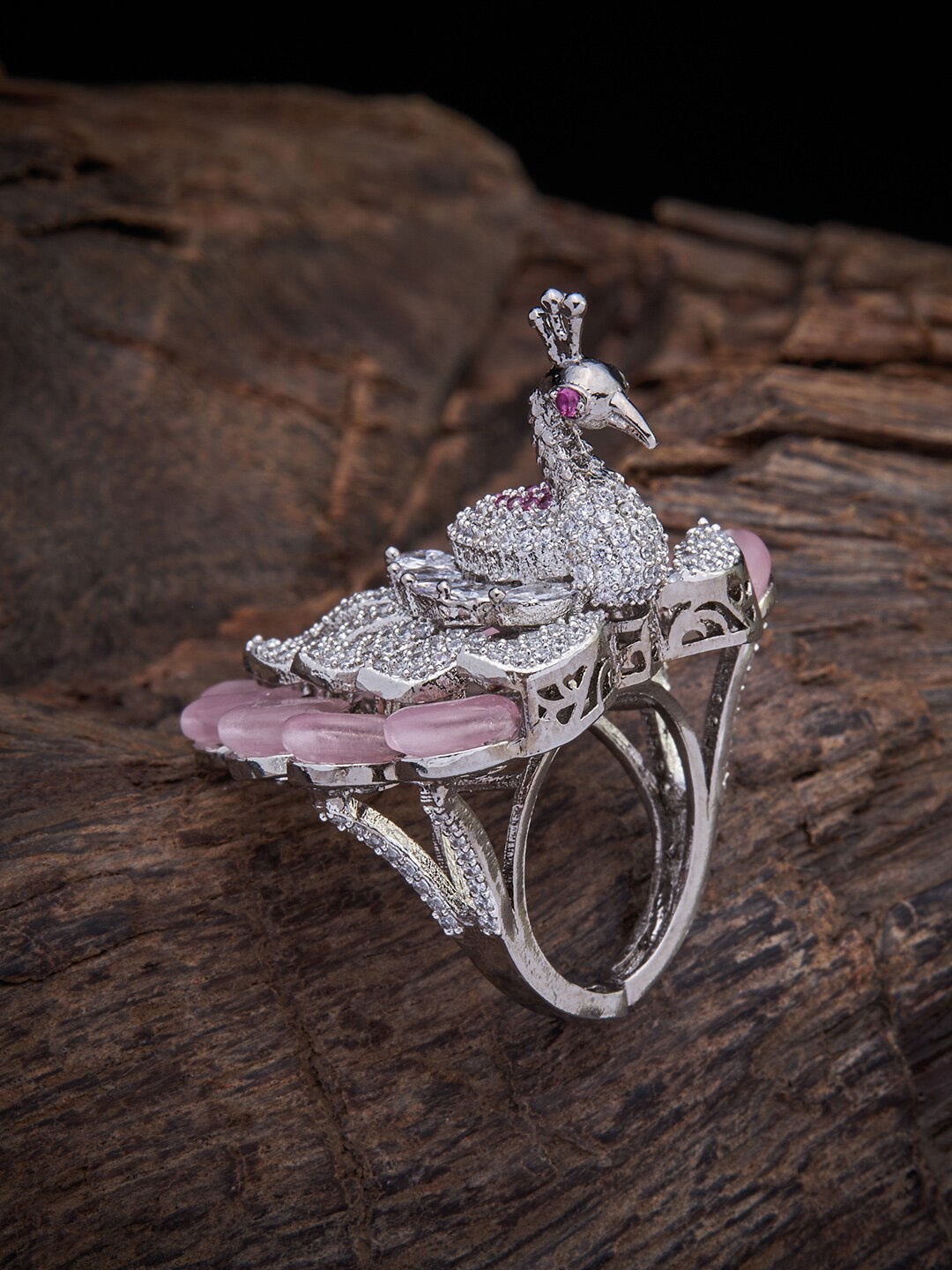 

Kushal's Fashion Jewellery Rhodium-Plated Silver-Toned & Pink CZ-Studded Finger Ring