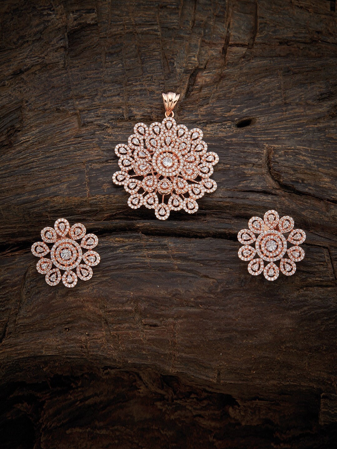

Kushal's Fashion Jewellery Rose Gold-Plated White CZ Studded Pendant With Earring