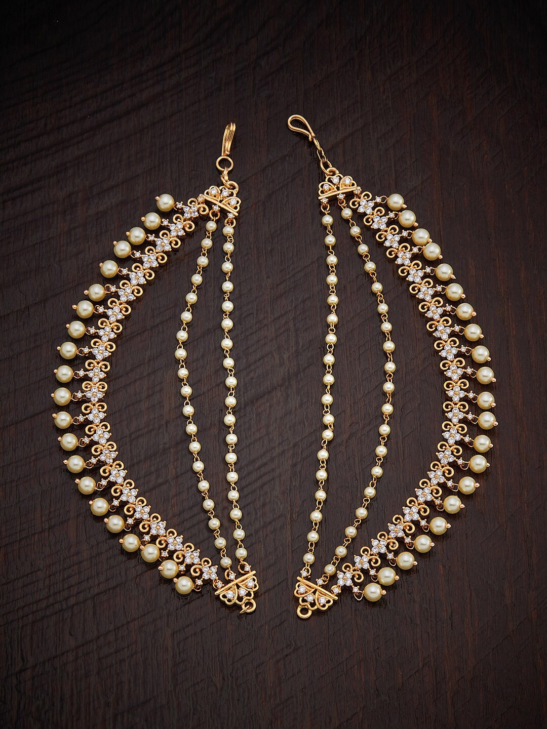 

Kushal's Fashion Jewellery Gold-Toned & White CZ Studded & Beaded Earring Chains