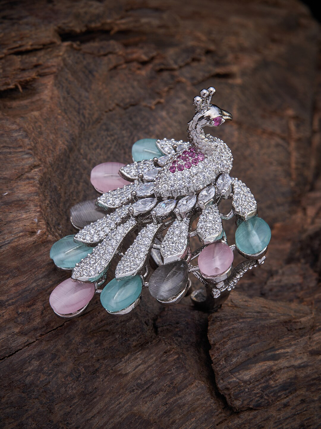 

Kushal's Fashion Jewellery Rhodium-Plated Silver-Toned & Pink CZ-Studded Finger Ring