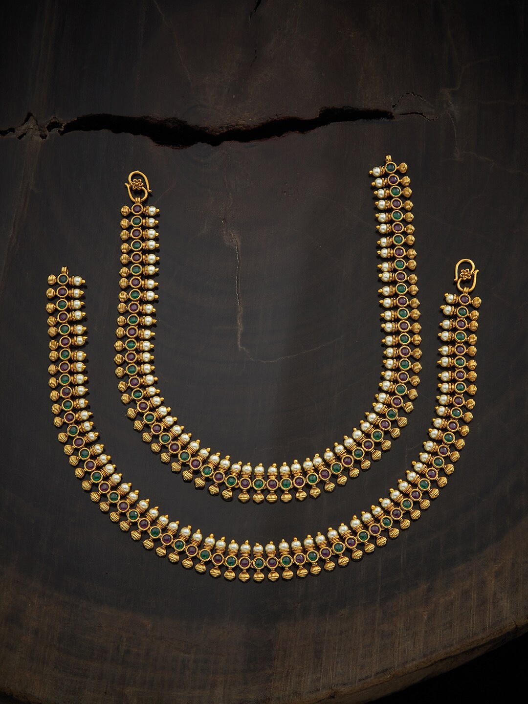 

Kushal's Fashion Jewellery Gold Plated Red & Green Stones-Studded Antique Anklets