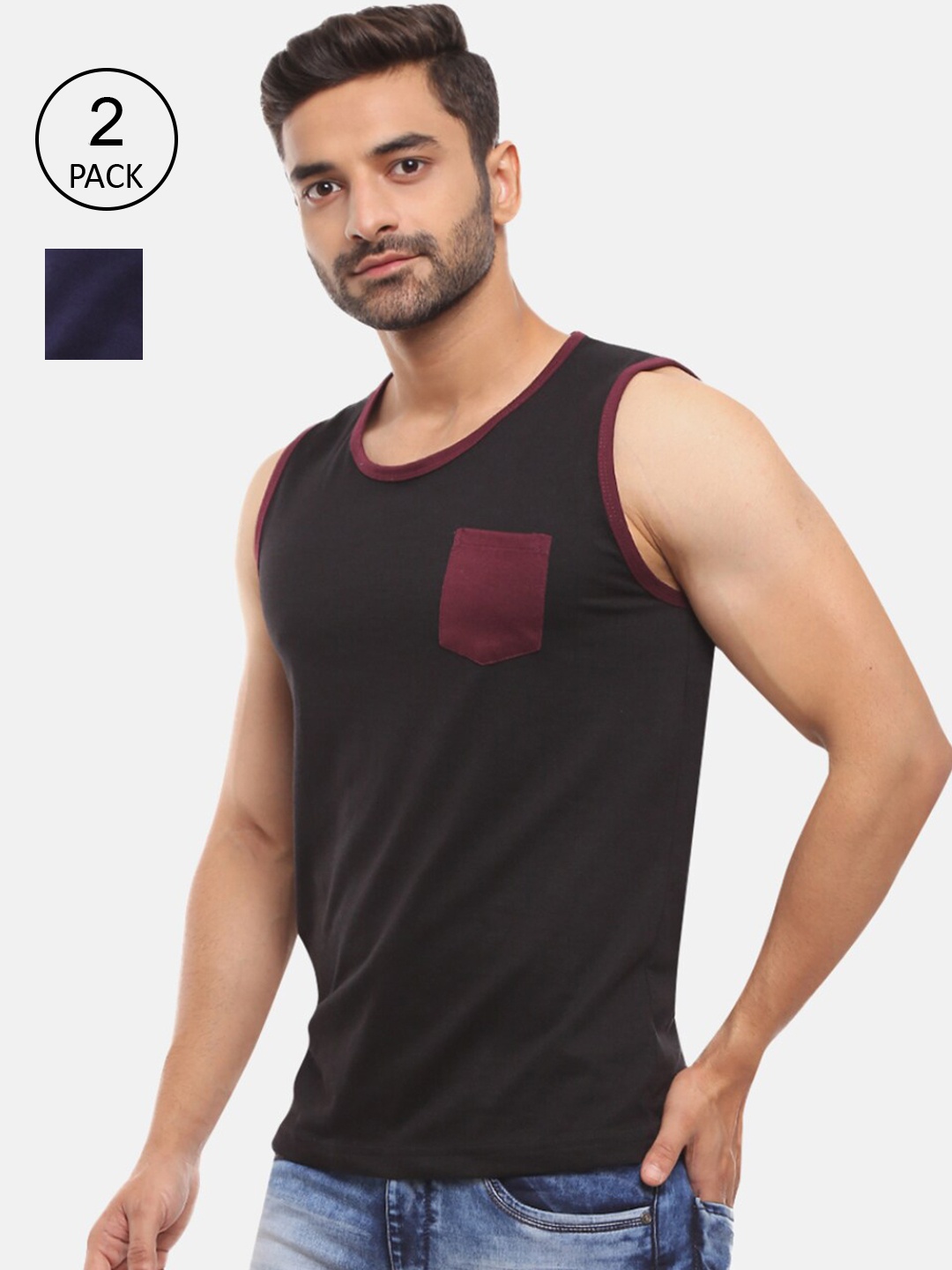 

V-Mart Men Pack Of 2 Black & Black Solid Cotton Innerwear Basic Vests, Blue