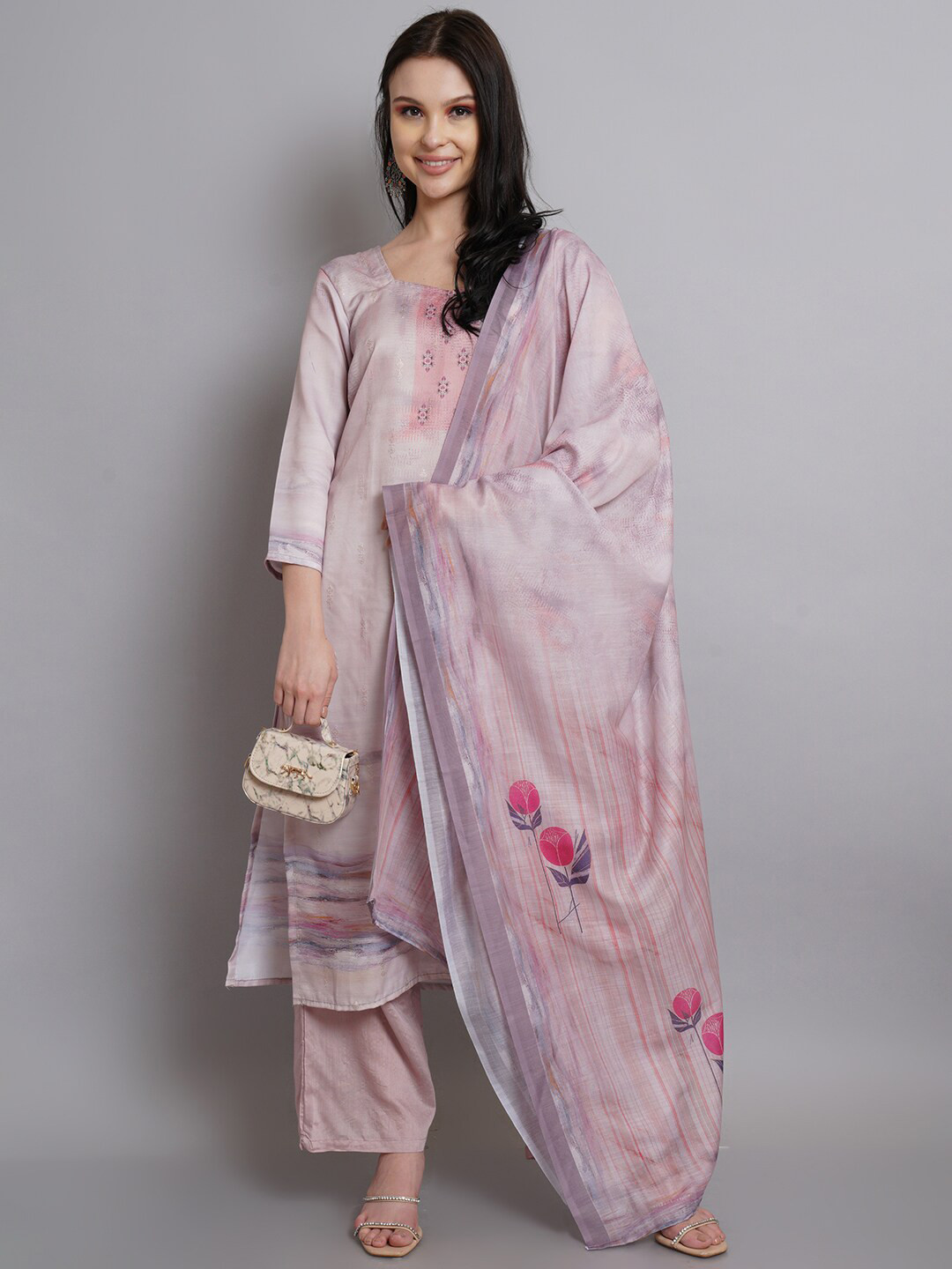 

Stylee LIFESTYLE Pink & Red Printed Satin Unstitched Dress Material