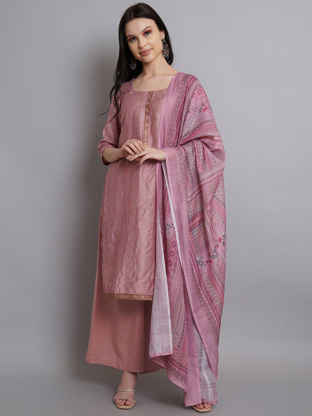 

Stylee LIFESTYLE Mauve Embroidered Art Silk Unstitched Dress Material