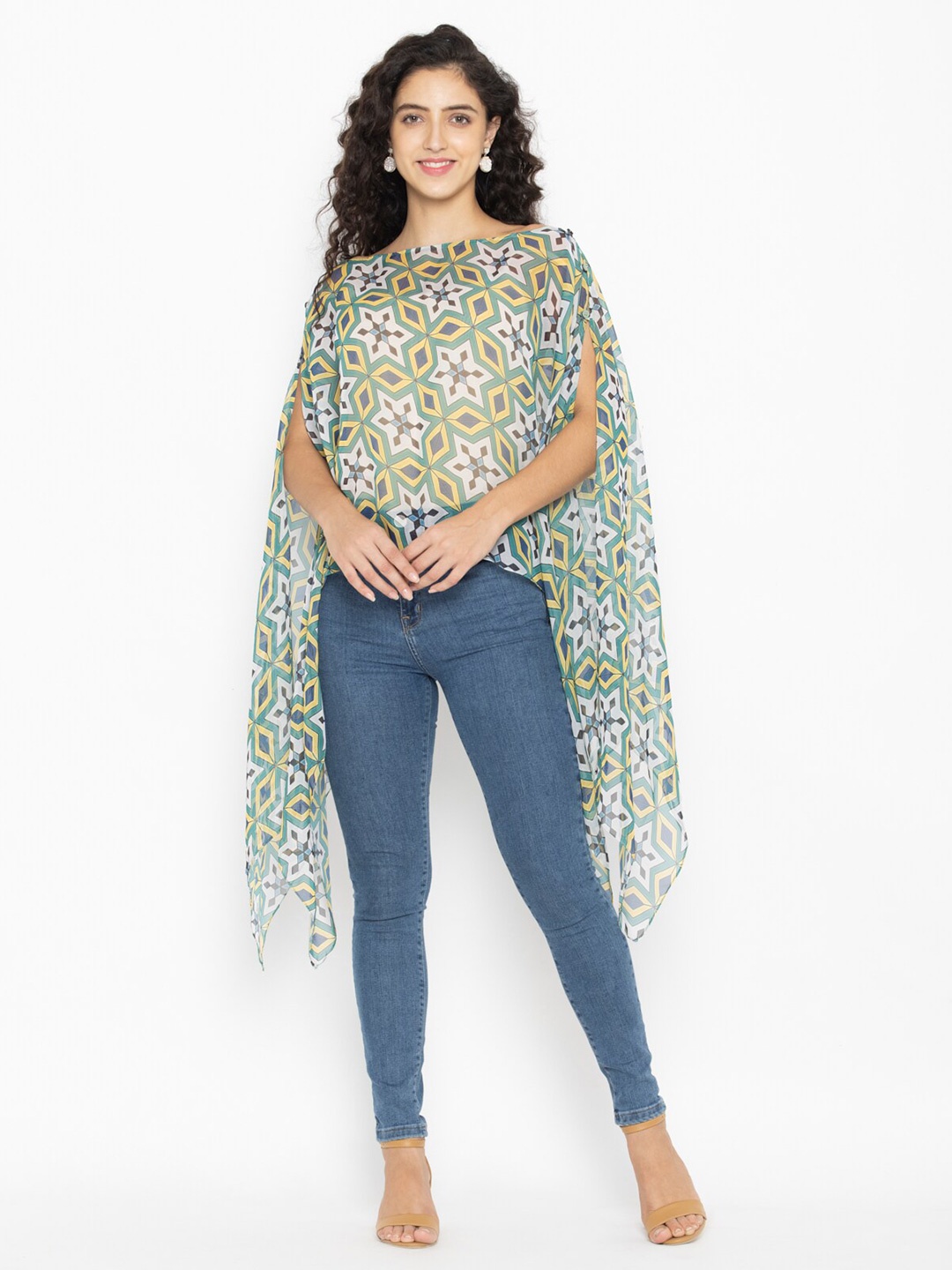 

SEW YOU SOON Green & Yellow Geometric Print Cape Top