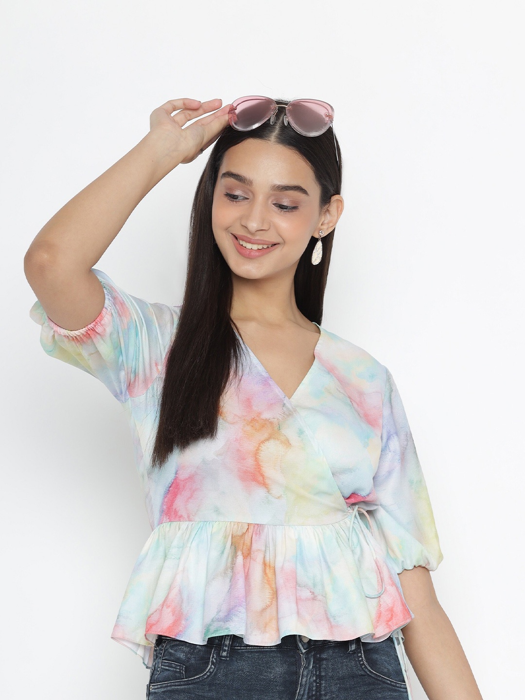 

SEW YOU SOON Multicoloured Print Peplum Crop Wrap Top, Multi