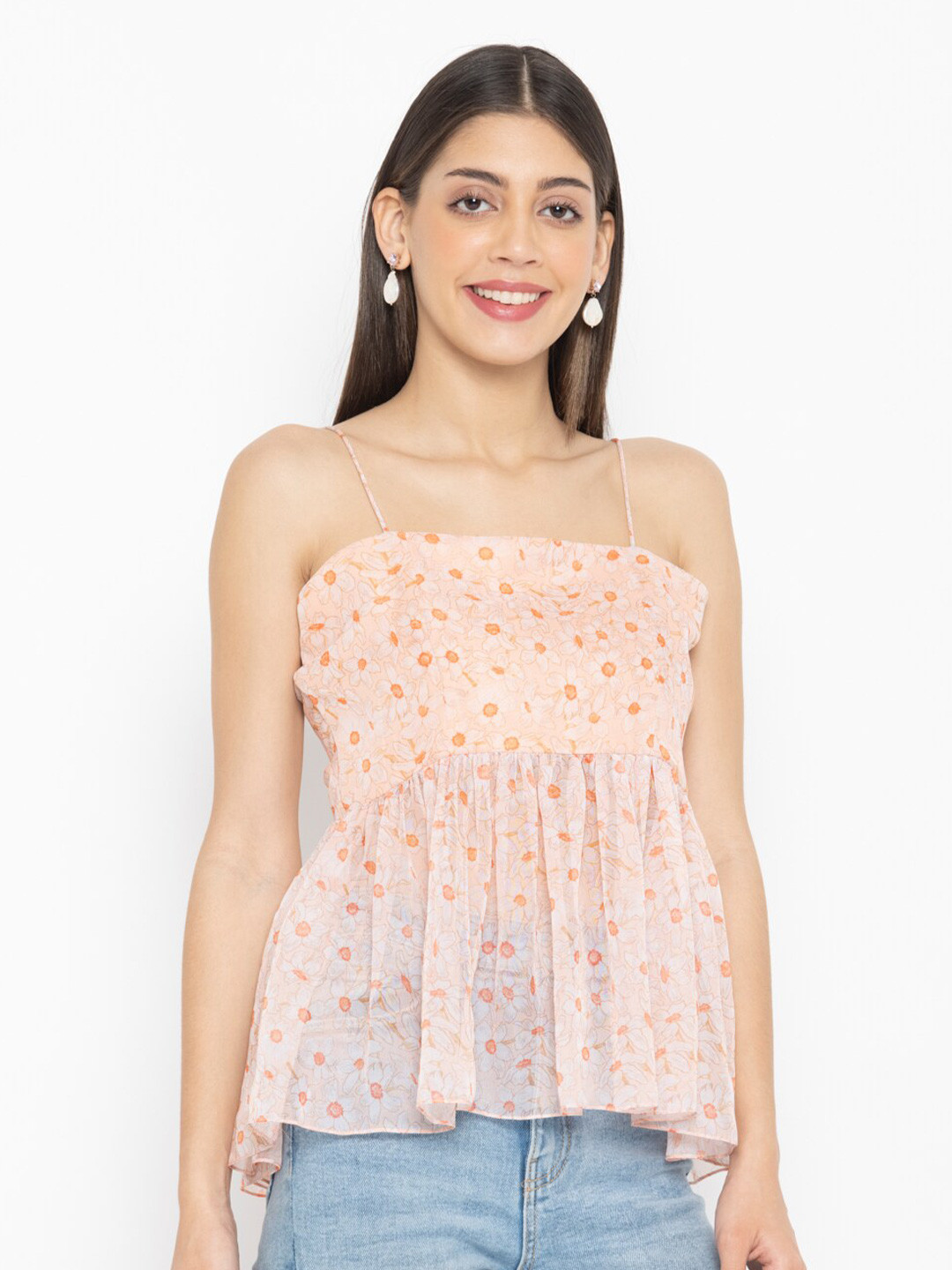 

SEW YOU SOON Women Peach-Coloured Floral Print Georgette Top