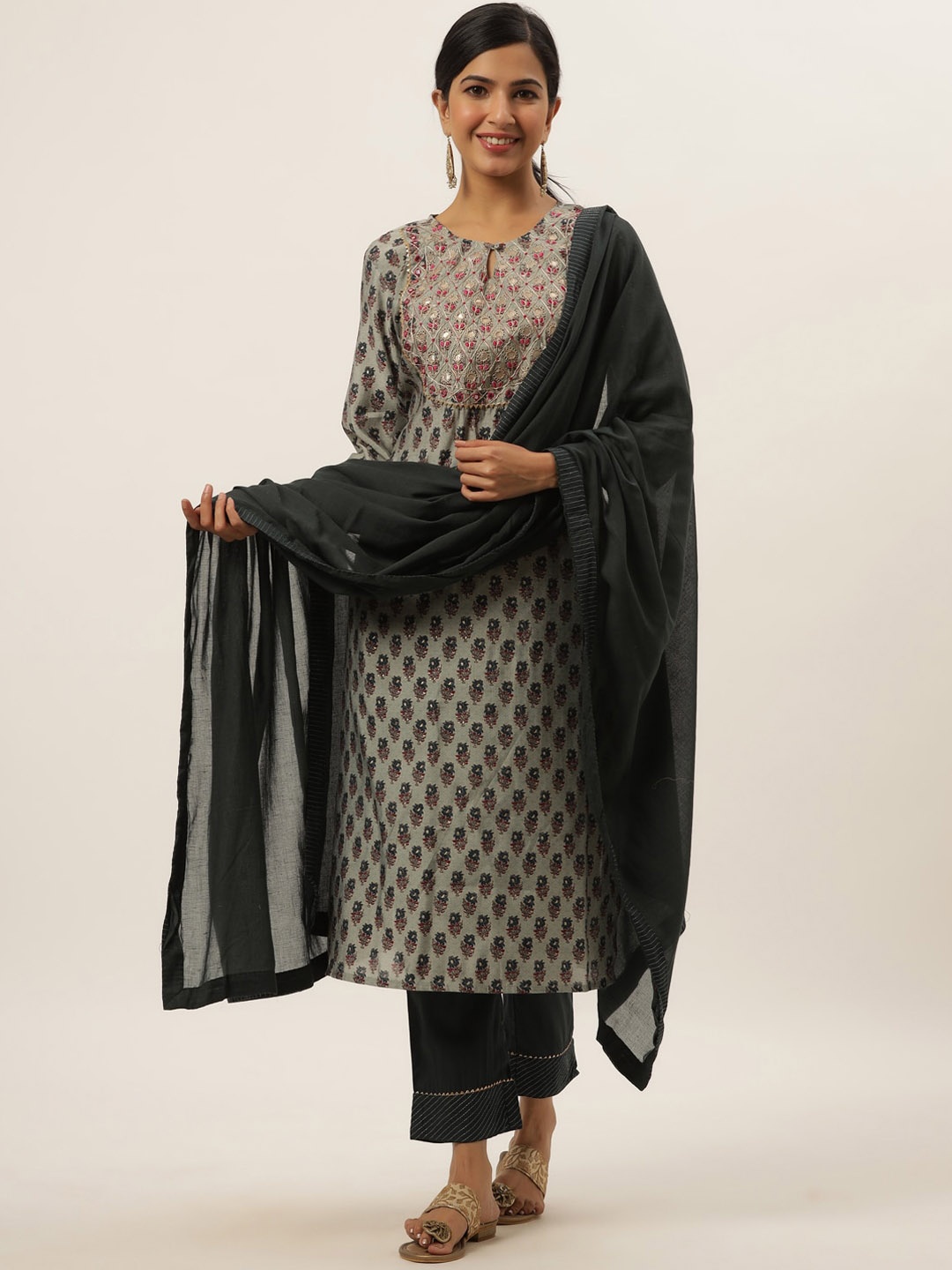 

DIVYANK Women Grey Ethnic Motifs Yoke Design Thread Work Kurta with Trousers & With Dupatta