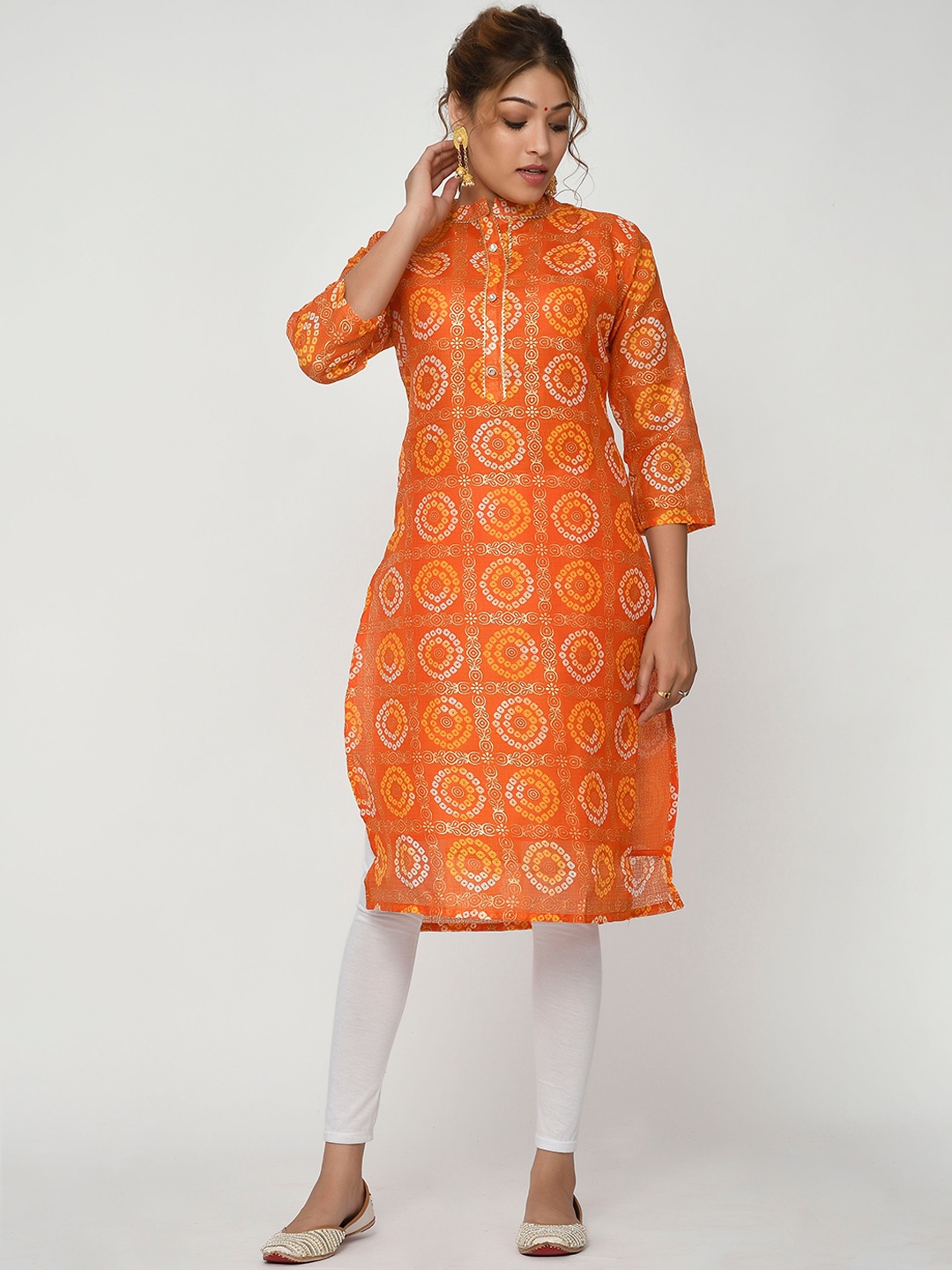 

Kesarya Women Orange Bandhani Printed Kurta