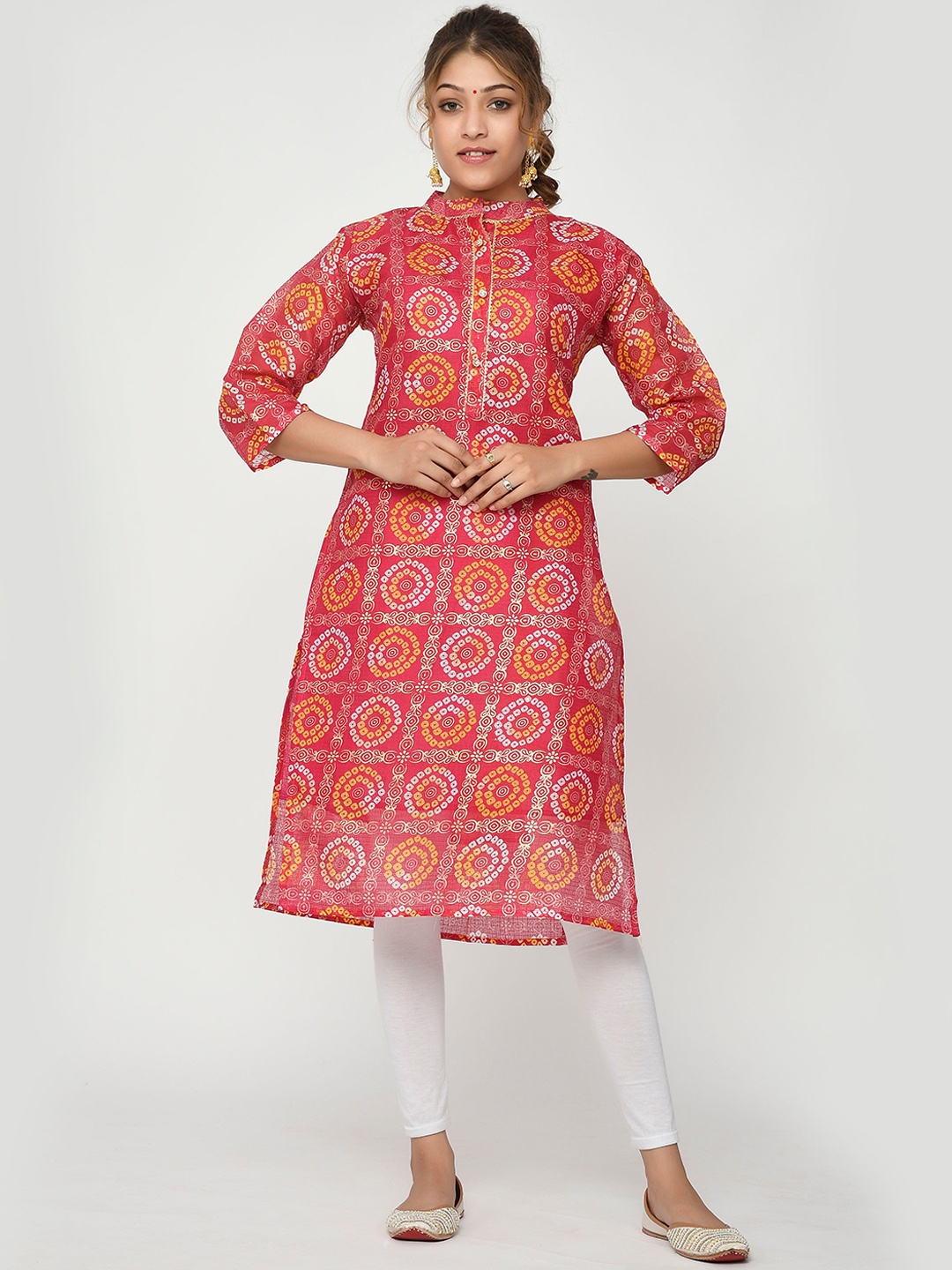 

Kesarya Women Pink & Yellow Bandhani Printed Straight Kurta