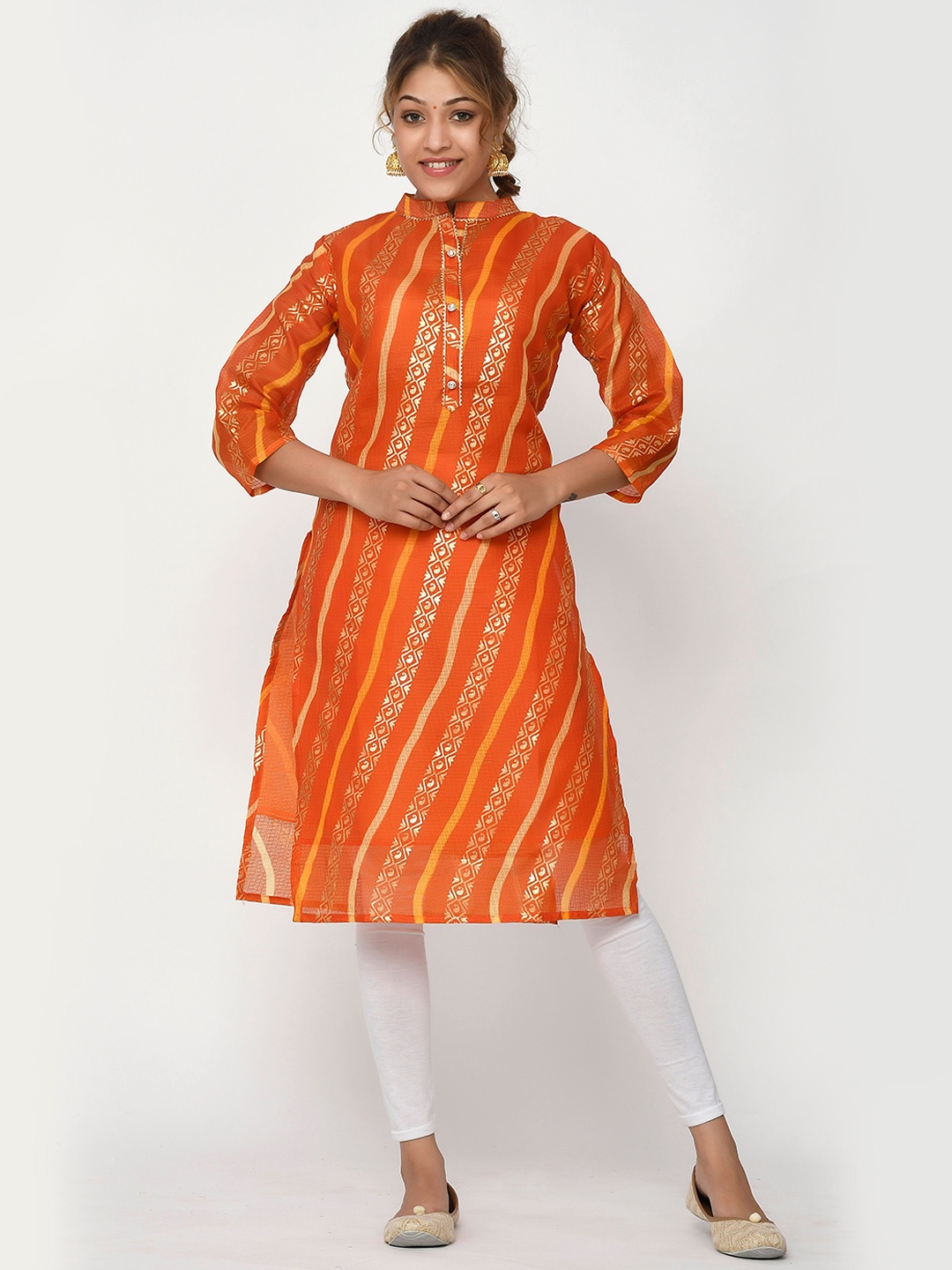 

Kesarya Women Orange Leheriya Printed Kurta