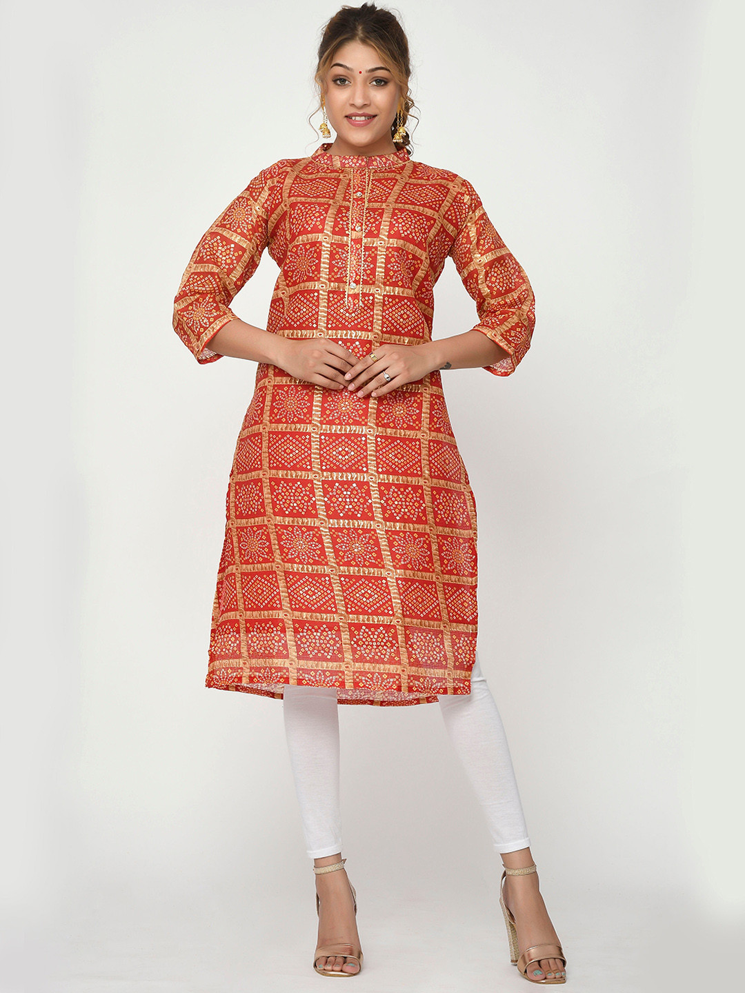

Kesarya Women Red & Gold-Toned Bandhani Printed Gotta Patti Kurta
