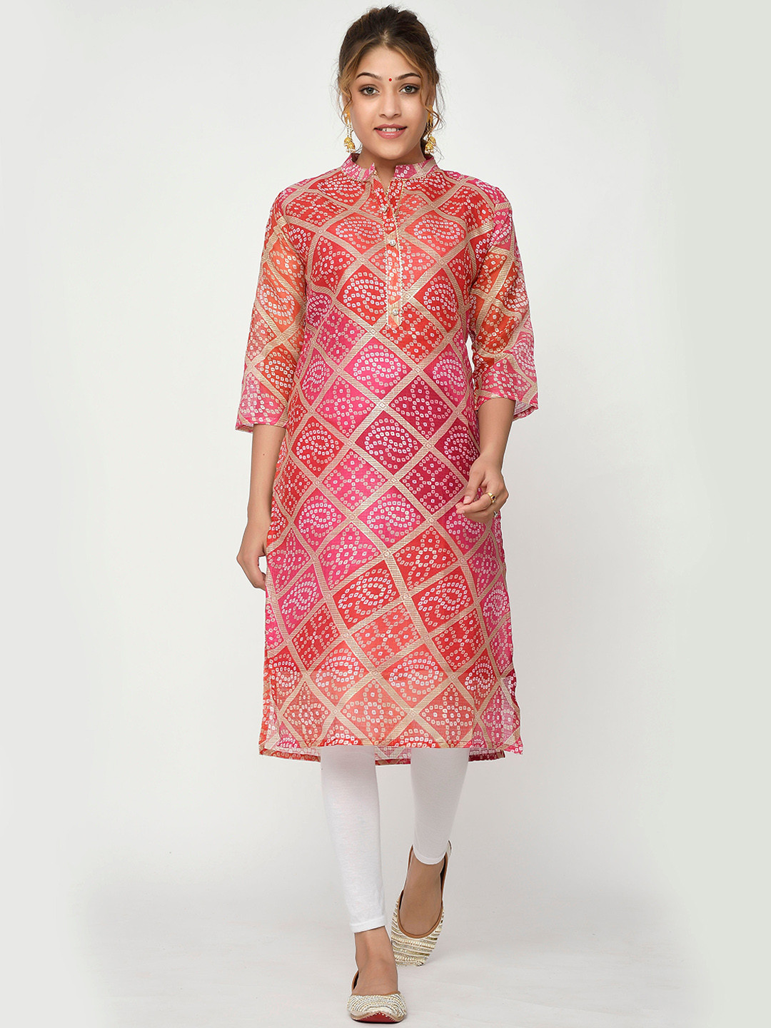 

Kesarya Women Women Pink & Red Bandhani Chunari Traditional Straight Kurta