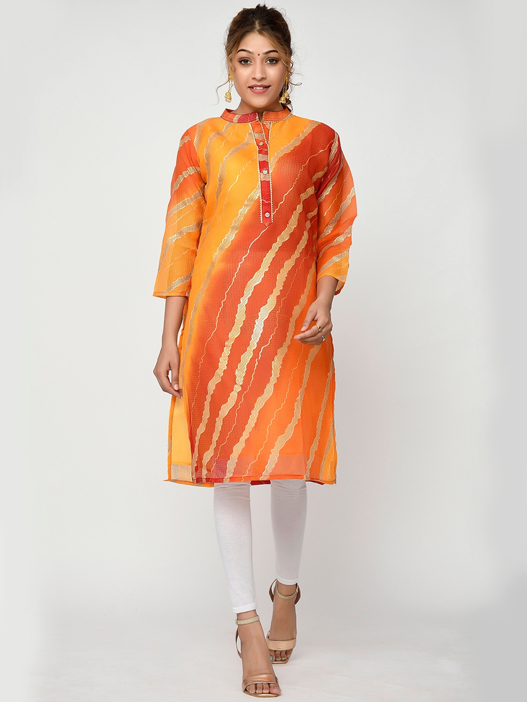 

Kesarya Women Orange & Yellow Leheriya Printed Gotta Patti Kurta