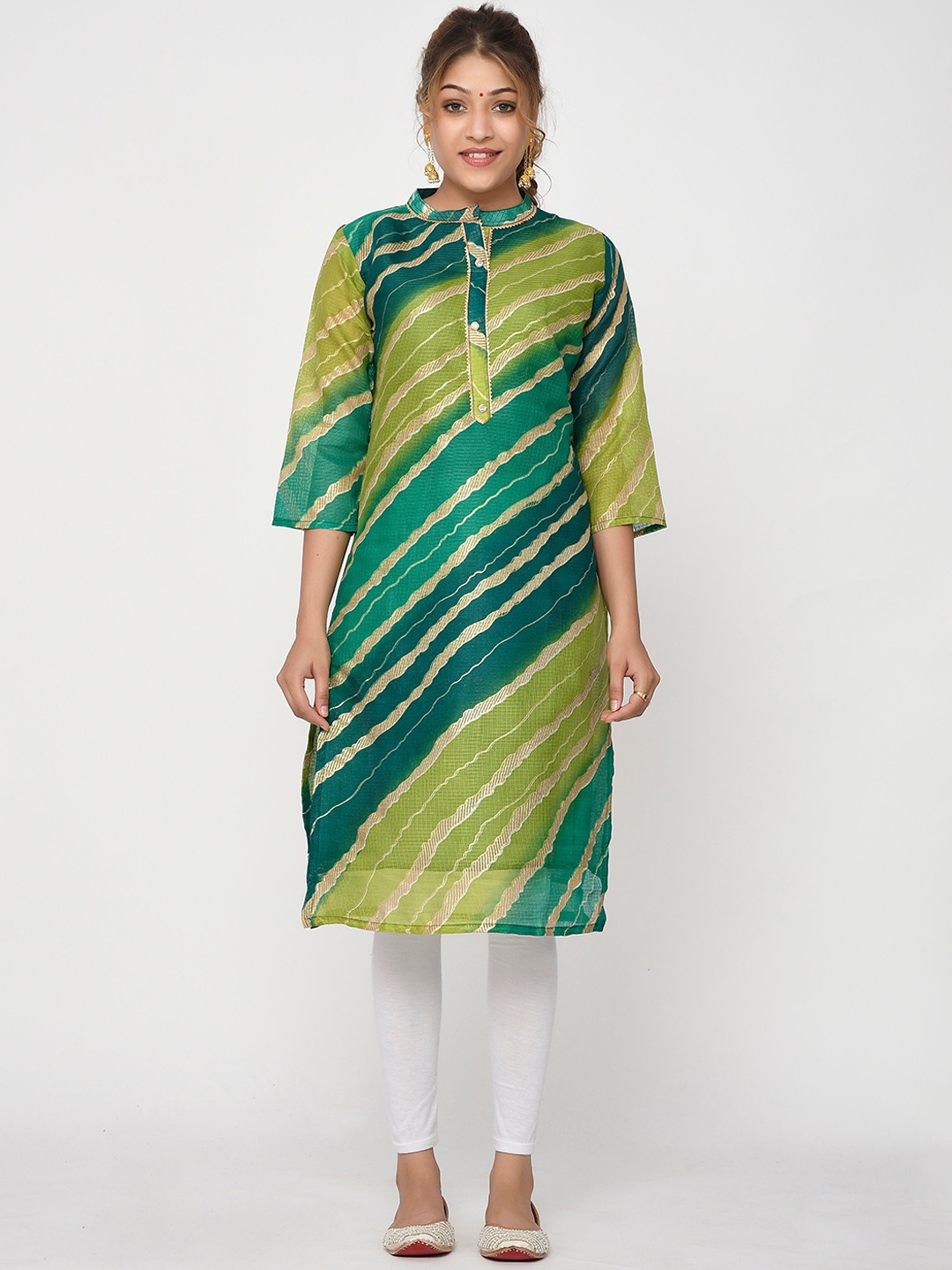 

Kesarya Women Green & Blue Striped Gotta Patti Cotton Kurta