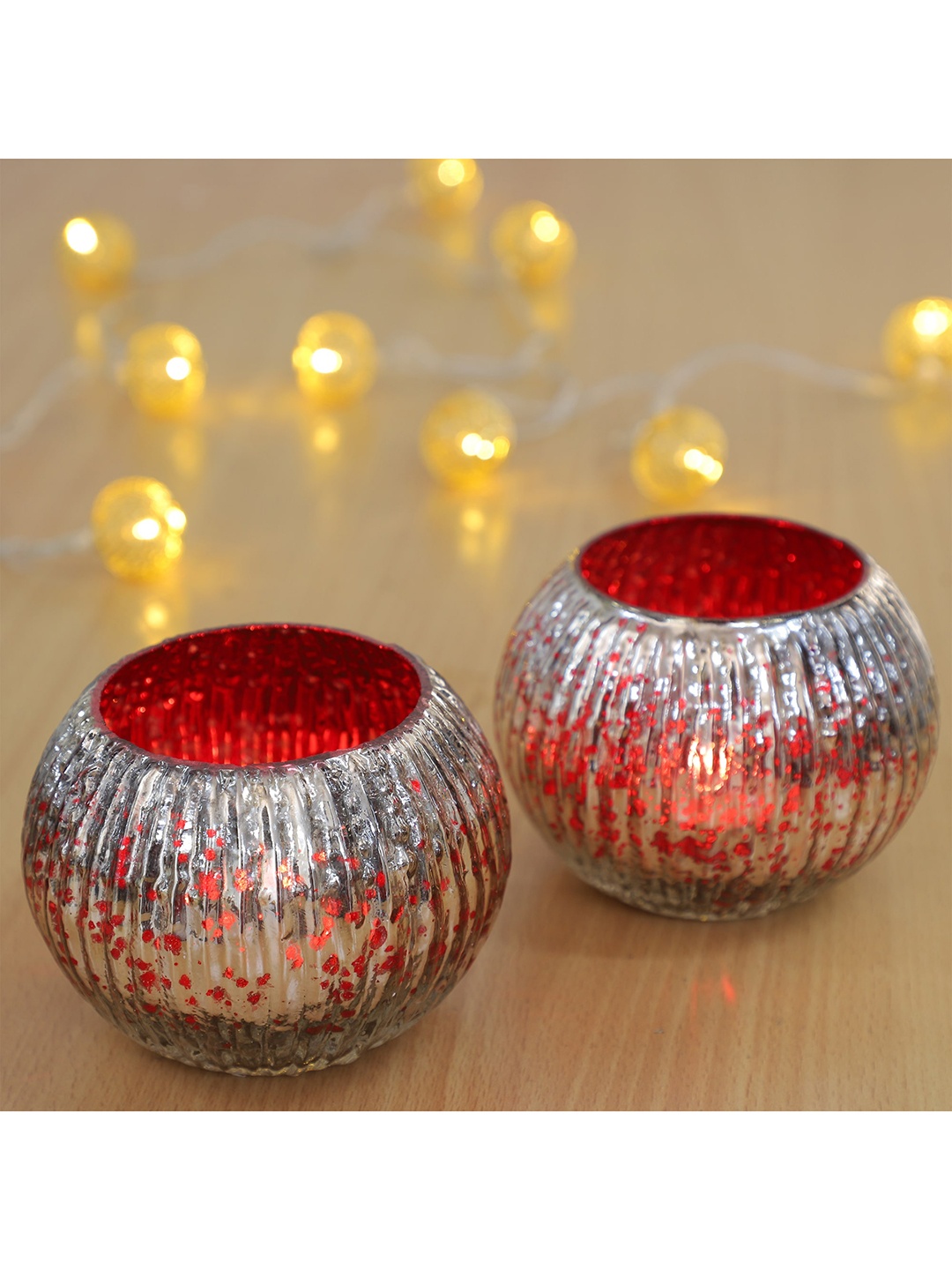 

HomeTown Set Of 2 Red & Silver-Toned Textured Dazzle Glass Votive Candle Holder