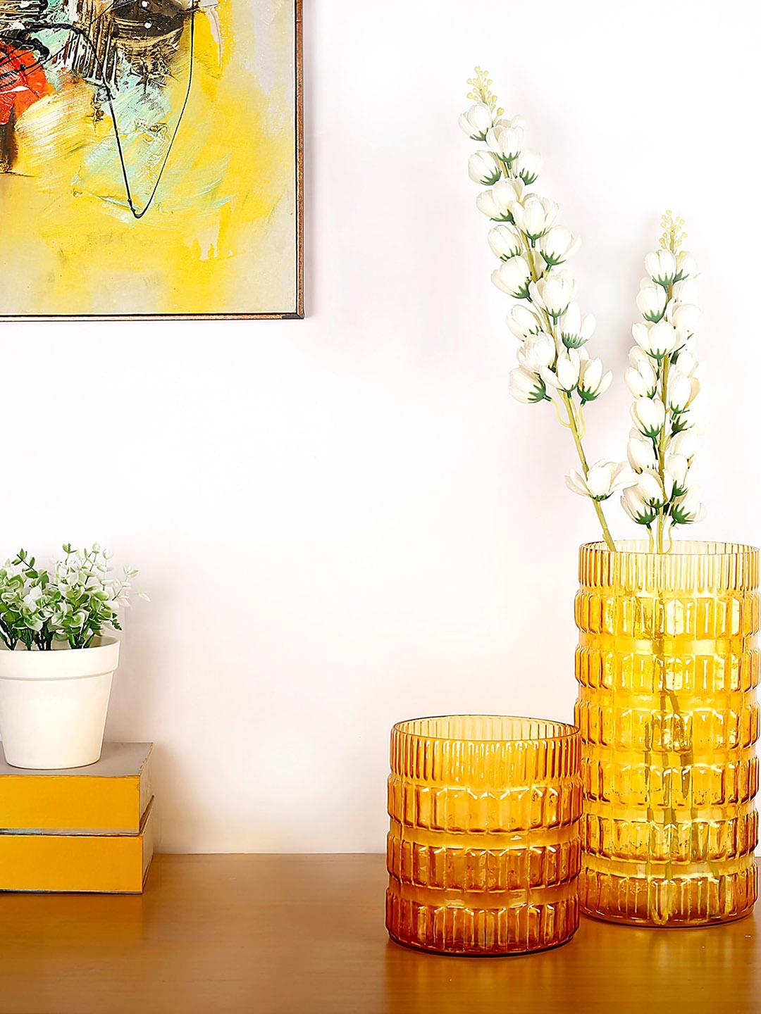 

HomeTown Set of 2 Mustard Solid Glass Vases
